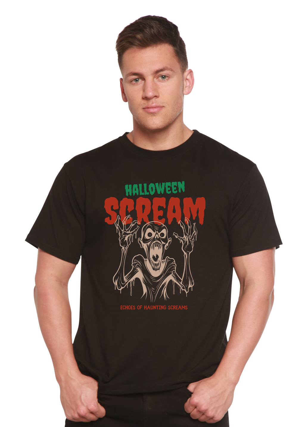 Camiseta gráfica de manga corta de viscosa de bambú y algodón orgánico para hombre Halloween Scream