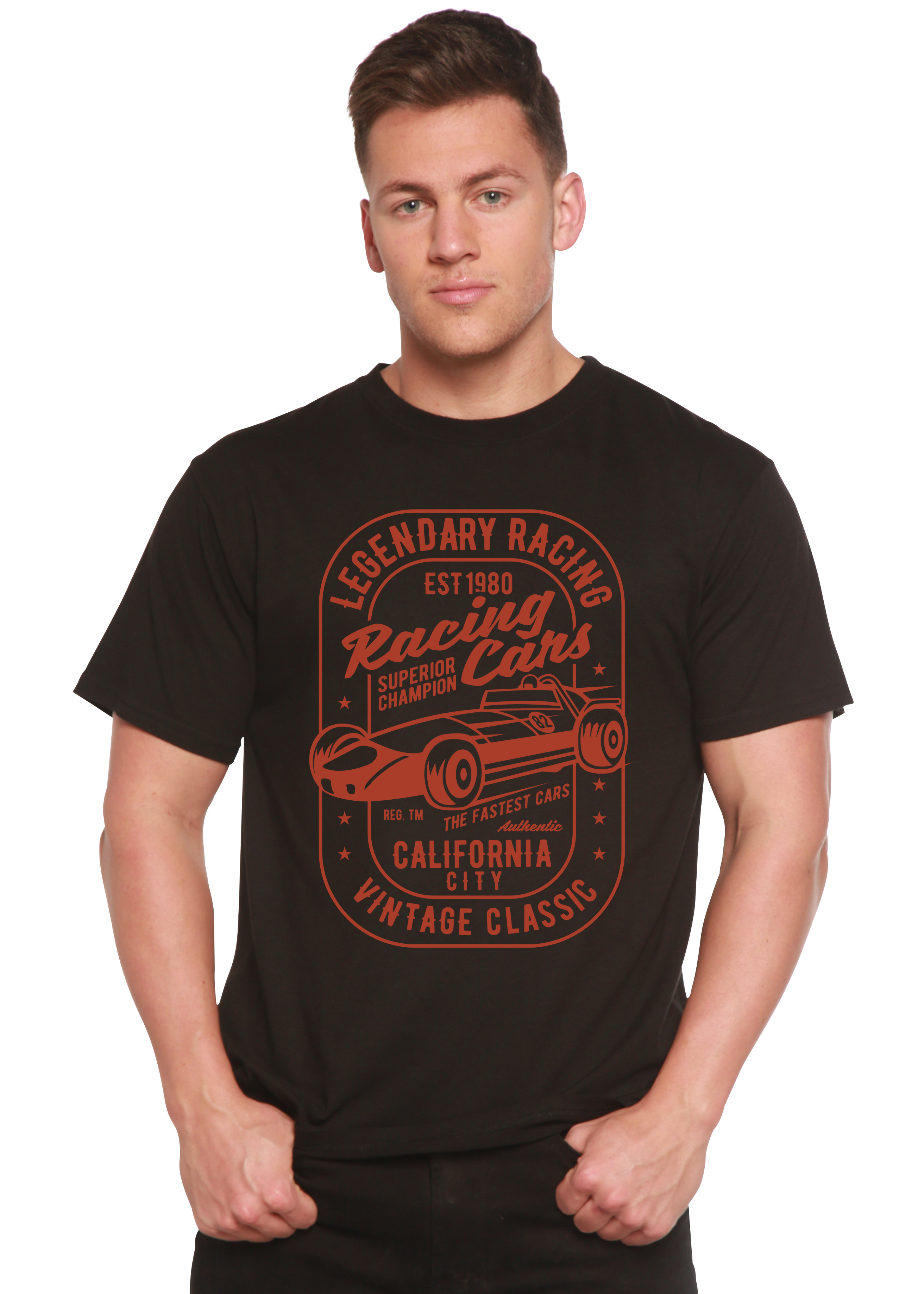 Camiseta gráfica de manga corta para hombre Legendary Racing Cars de bambú-viscosa/algodón orgánico