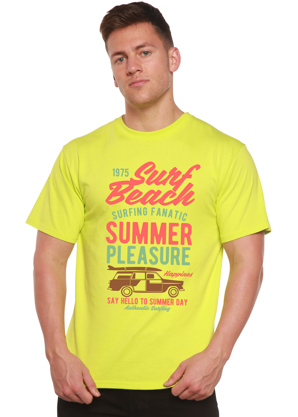 Camiseta gráfica de manga corta de viscosa de bambú y algodón orgánico Spun Bamboo® Surf Beach para hombre