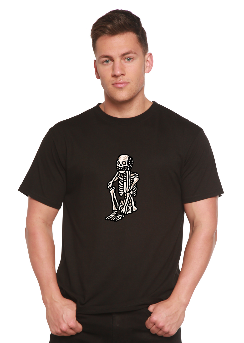 Camiseta gráfica de manga corta de bambú/algodón orgánico unisex de Halloween con esqueleto triste