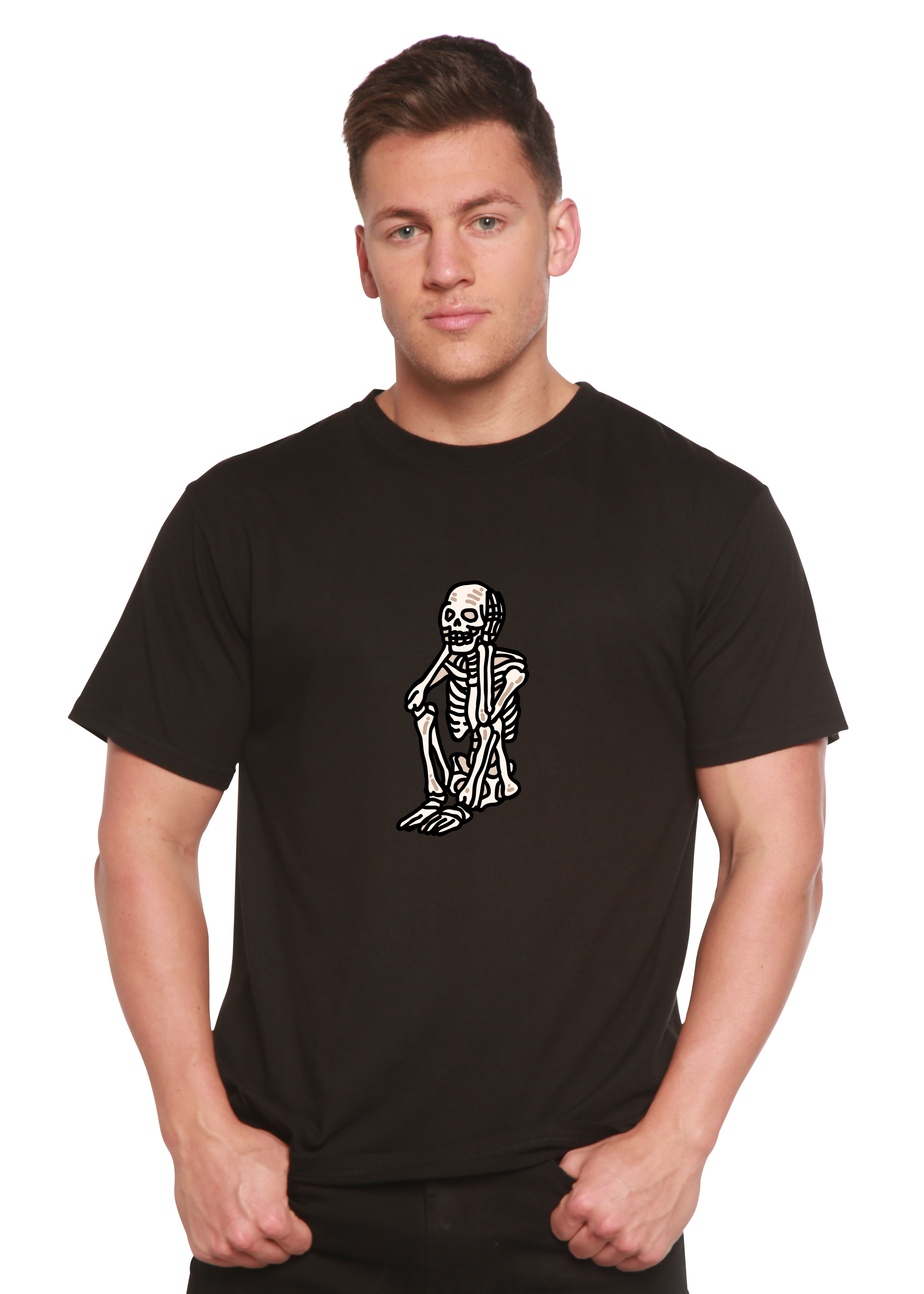 Camiseta gráfica de manga corta de bambú/algodón orgánico unisex de Halloween con esqueleto triste