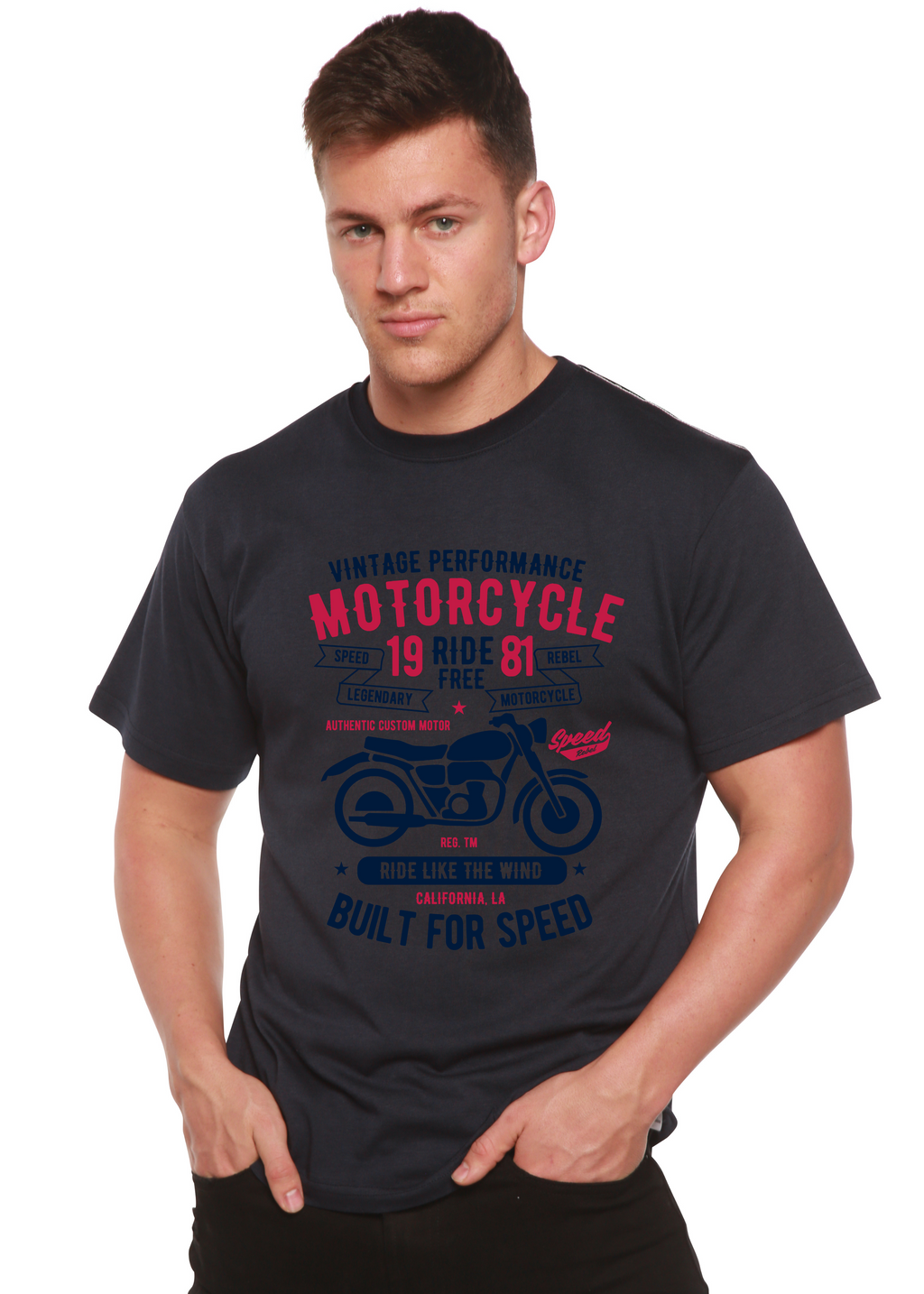 Camiseta gráfica de manga corta de bambú/algodón orgánico para hombre "Motociclista Libertad"