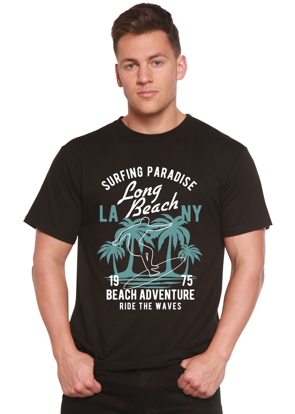 Camiseta gráfica de manga corta de viscosa de bambú/algodón orgánico "Aventura en la playa" para hombre