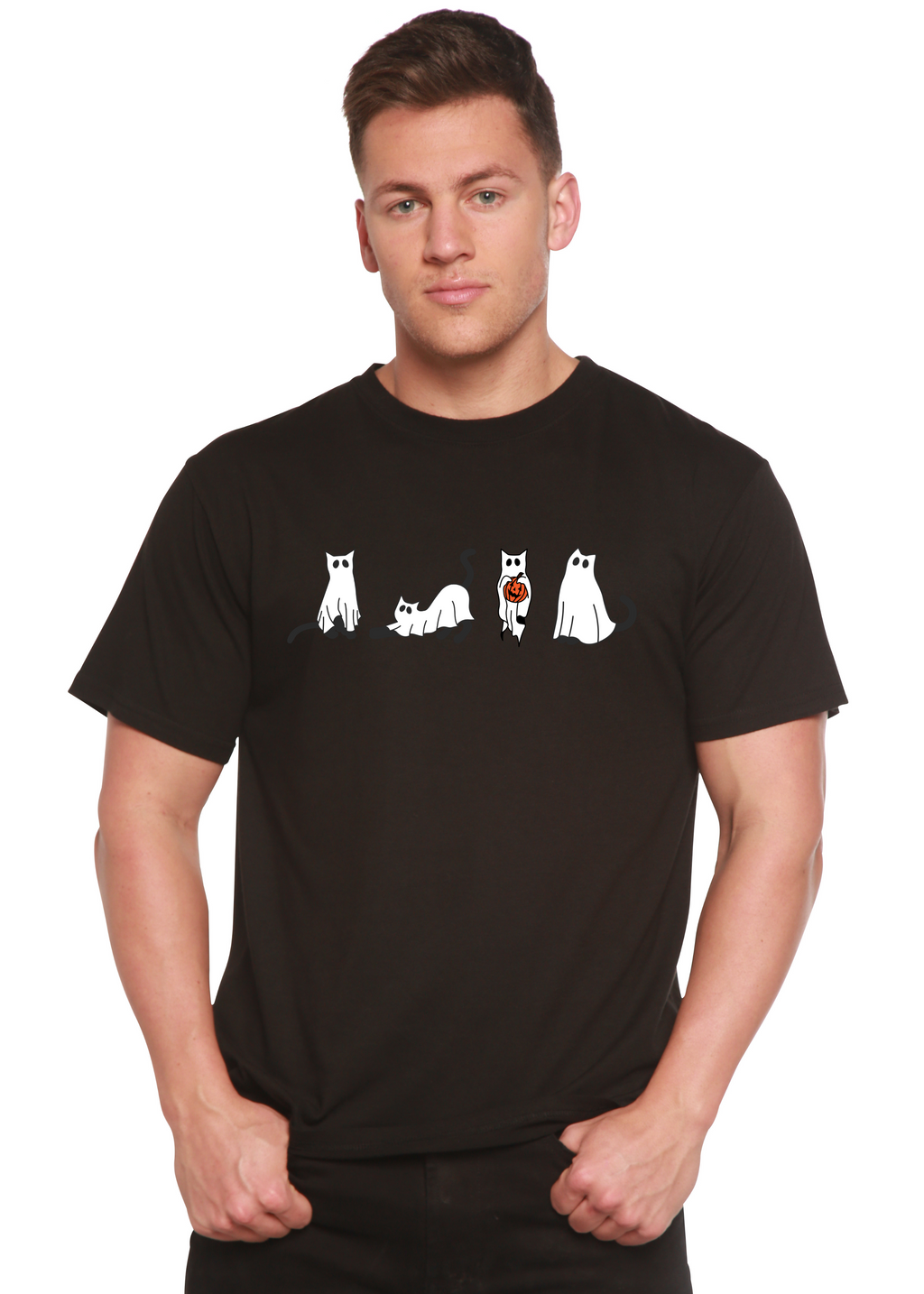 Camiseta gráfica de manga corta de viscosa de bambú/algodón orgánico para hombre con gatos de Halloween
