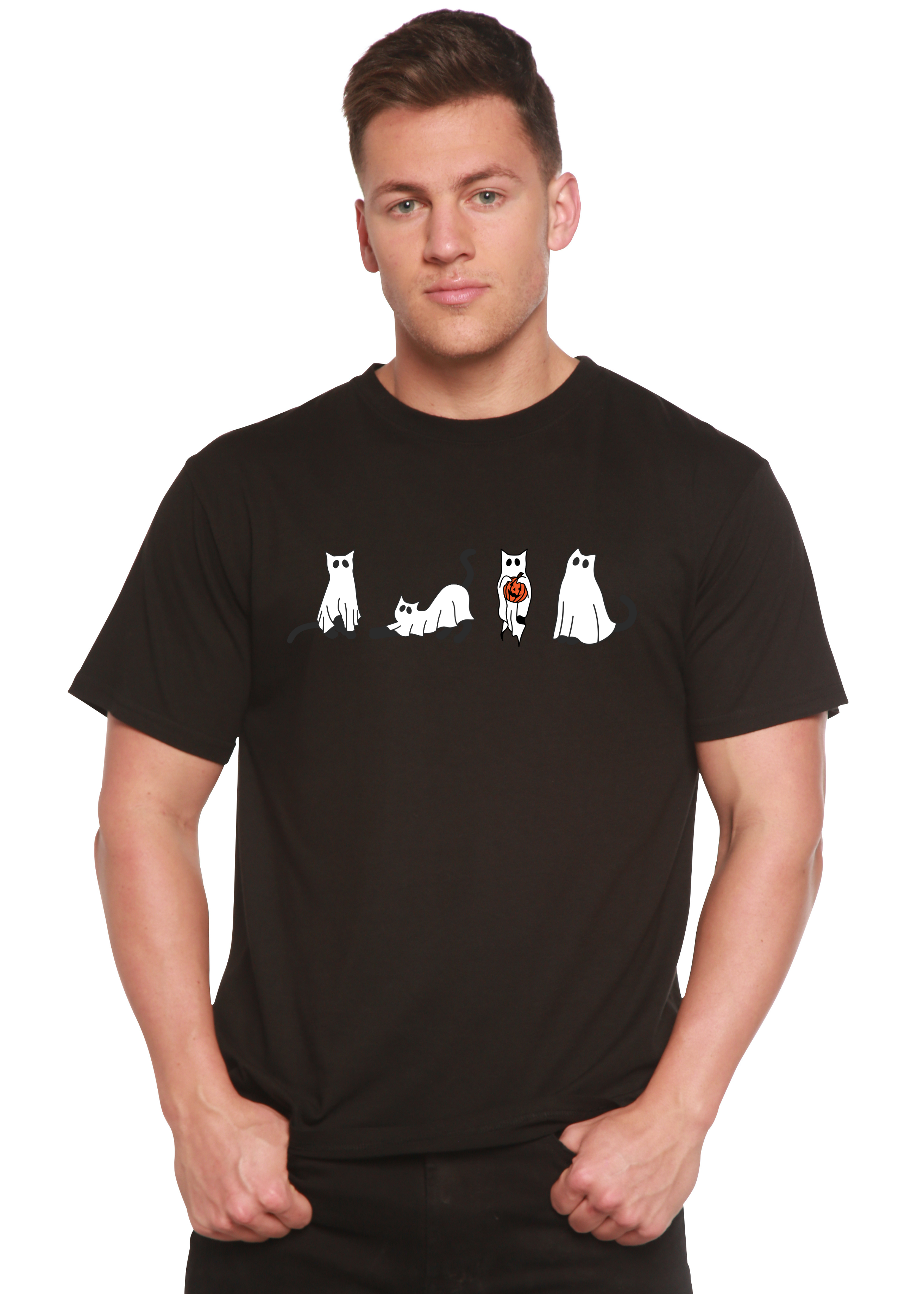 Camiseta gráfica de manga corta de viscosa de bambú/algodón orgánico para hombre con gatos de Halloween