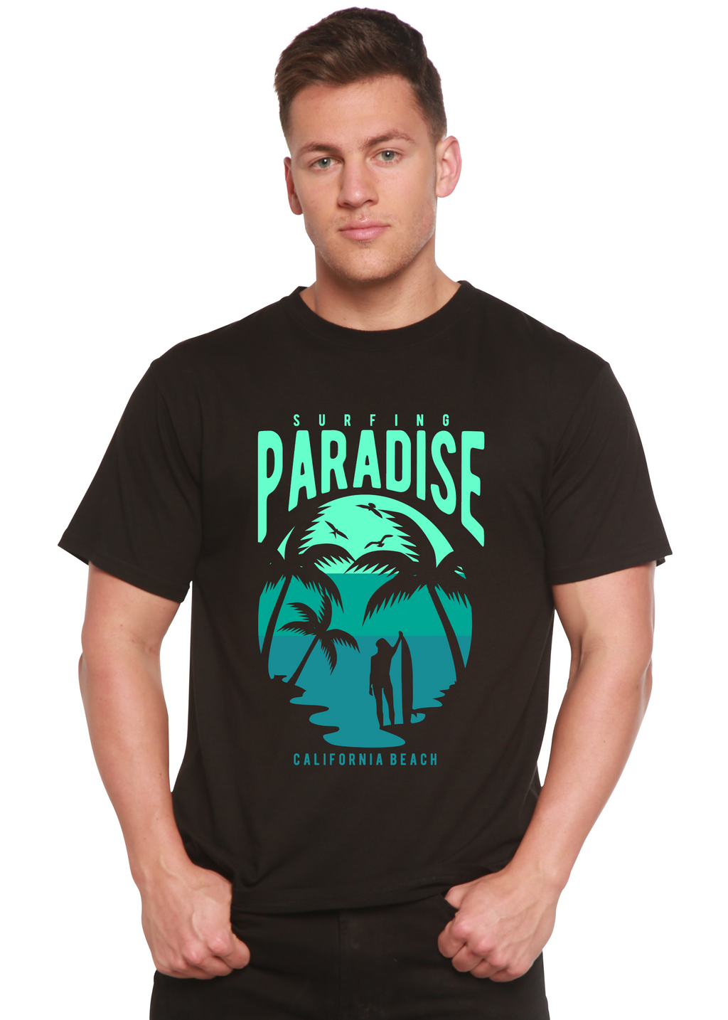 Camiseta gráfica de manga corta de viscosa de bambú y algodón orgánico para hombre Surfing Paradise California Spun Bamboo®