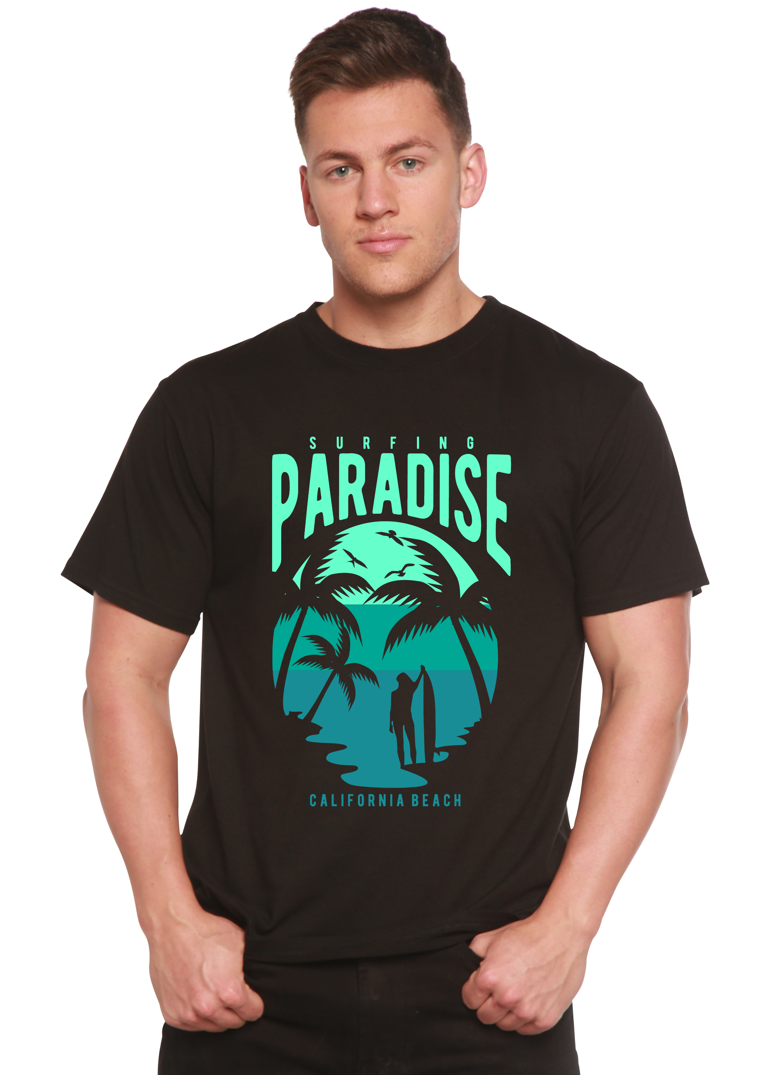 Camiseta gráfica de manga corta de viscosa de bambú y algodón orgánico para hombre Surfing Paradise California Spun Bamboo®