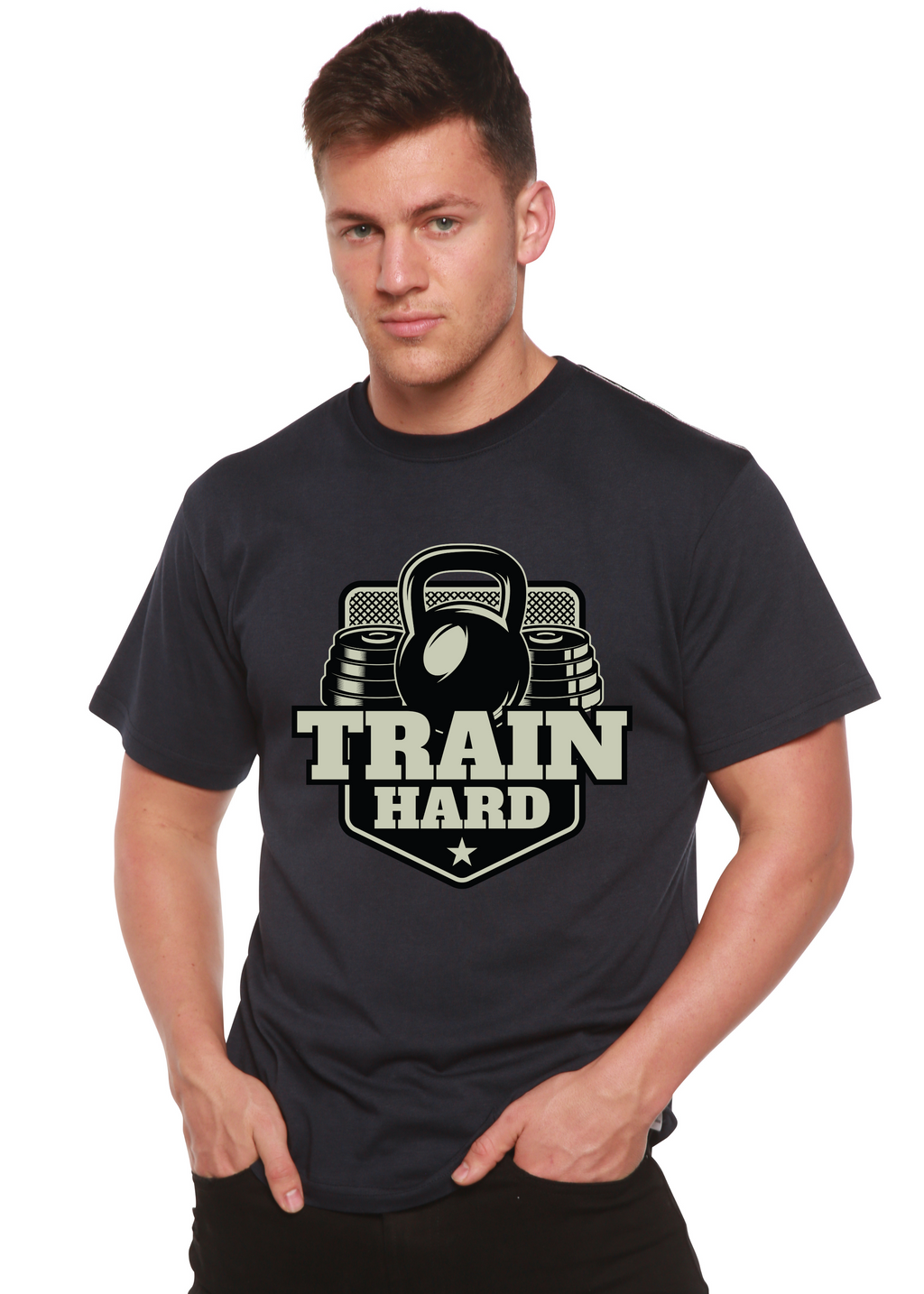 Camiseta gráfica de manga corta de bambú-viscosa/algodón orgánico para hombre "Entrena duro"