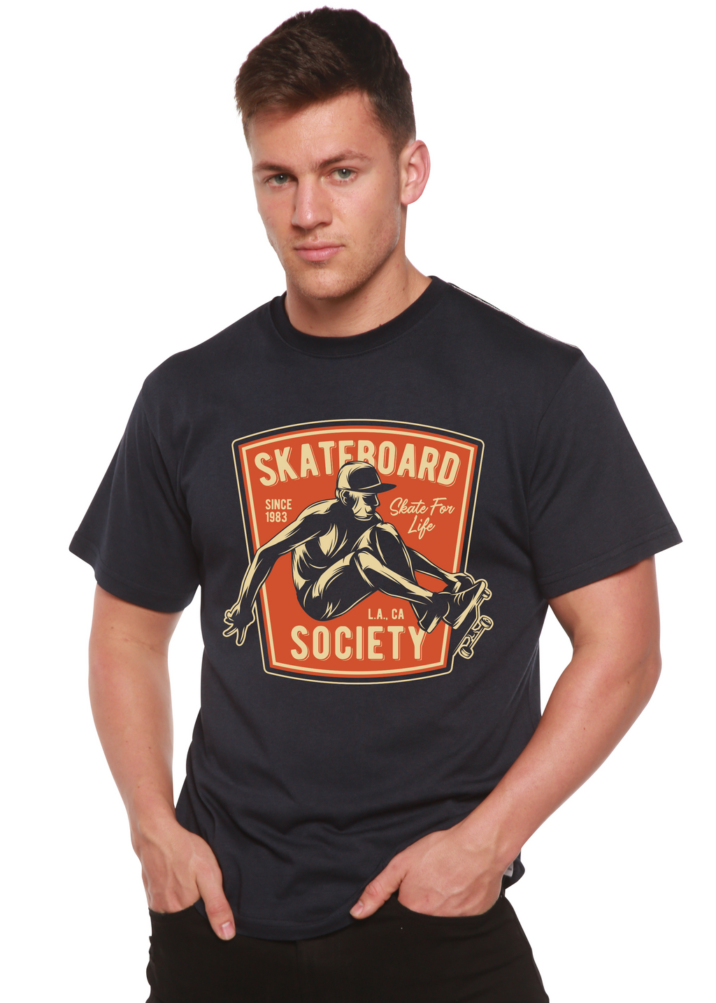 Camiseta gráfica de manga corta de viscosa de bambú y algodón orgánico para hombre Skateboard Society