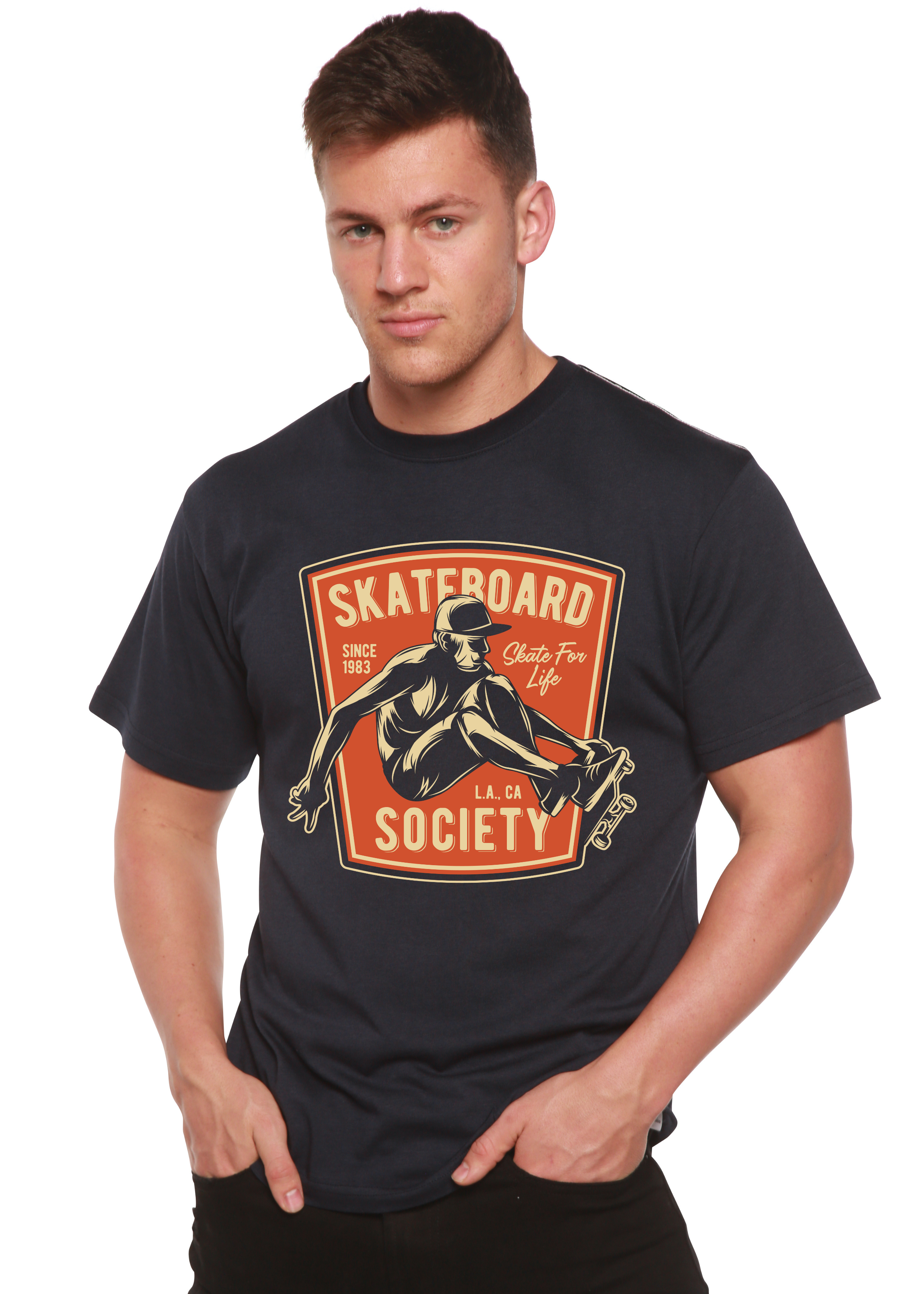 Camiseta gráfica de manga corta de viscosa de bambú y algodón orgánico para hombre Skateboard Society
