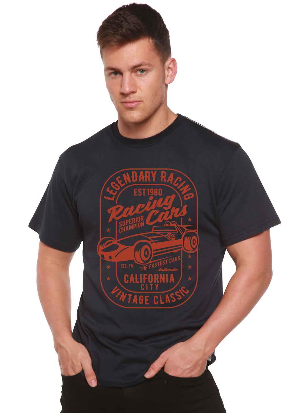Camiseta gráfica de manga corta para hombre Legendary Racing Cars de bambú-viscosa/algodón orgánico