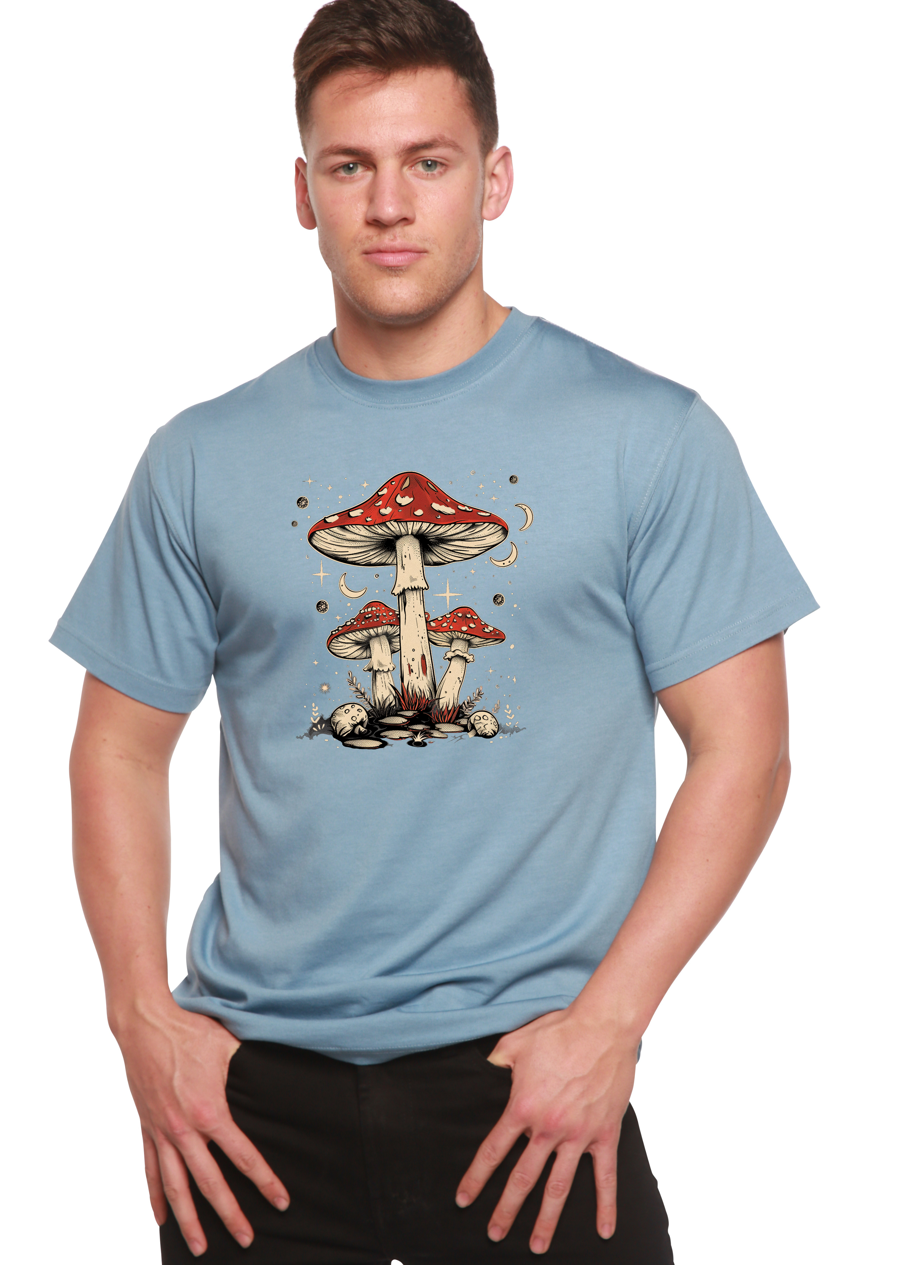 Camiseta gráfica unisex de bambú/algodón "Boho Retro Hippie Mushrooms Natural"