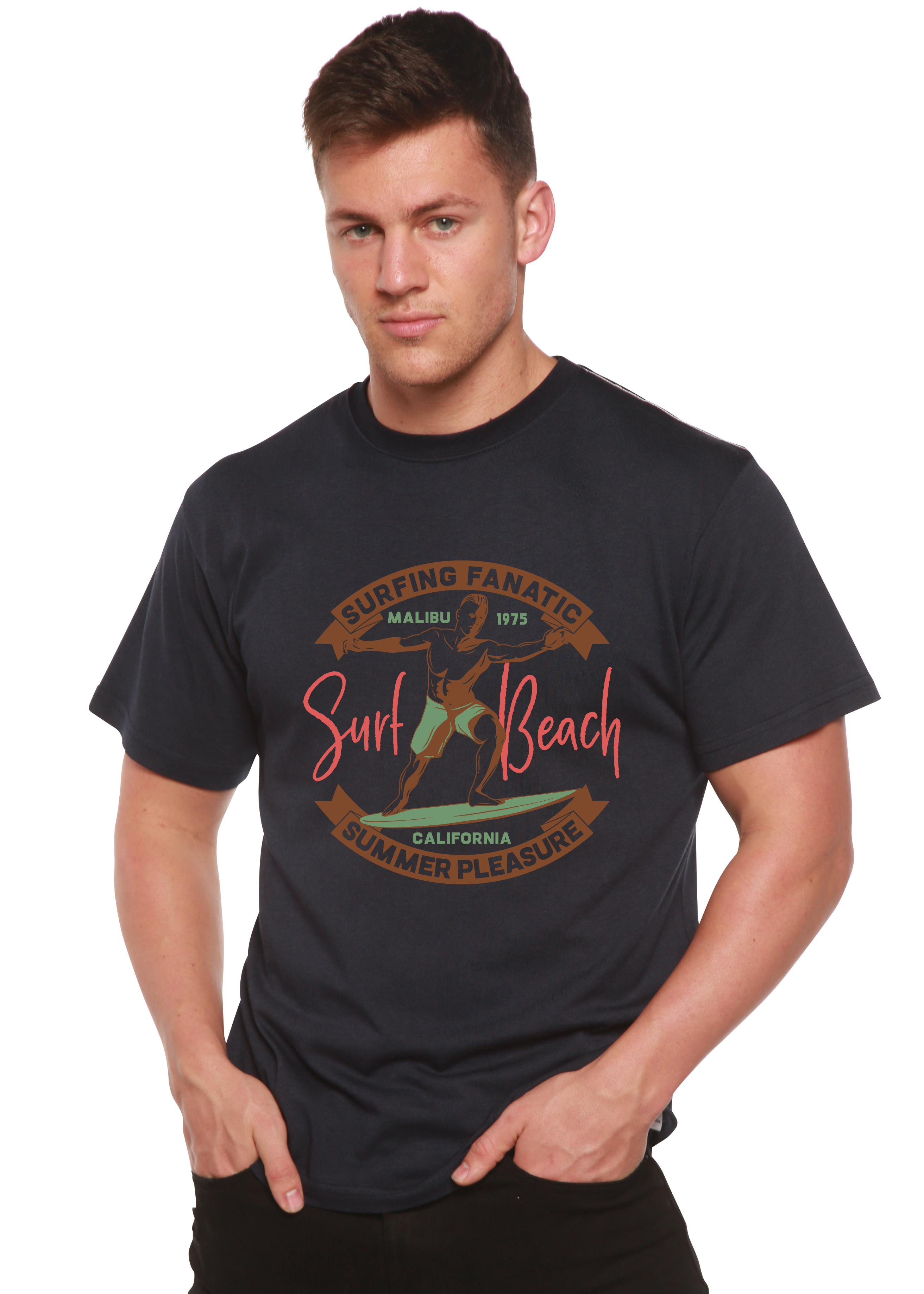 Camiseta gráfica de manga corta para hombre de Surf Beach de viscosa de bambú/algodón orgánico