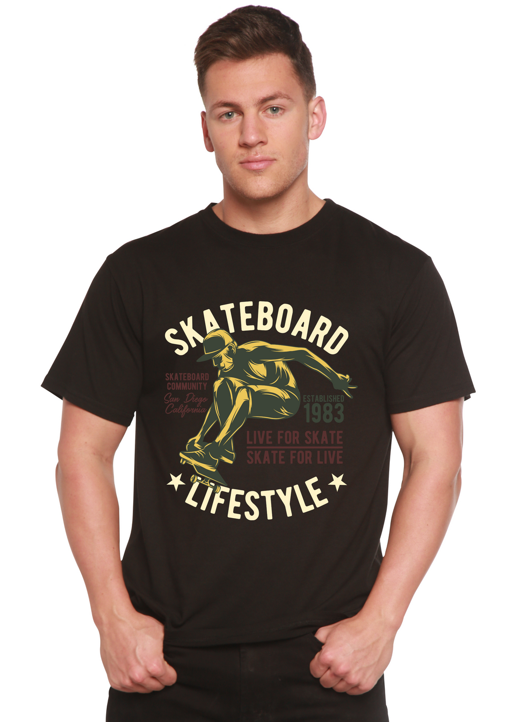 Camiseta gráfica de manga corta de viscosa de bambú/algodón orgánico para hombre "Estilo Skater"