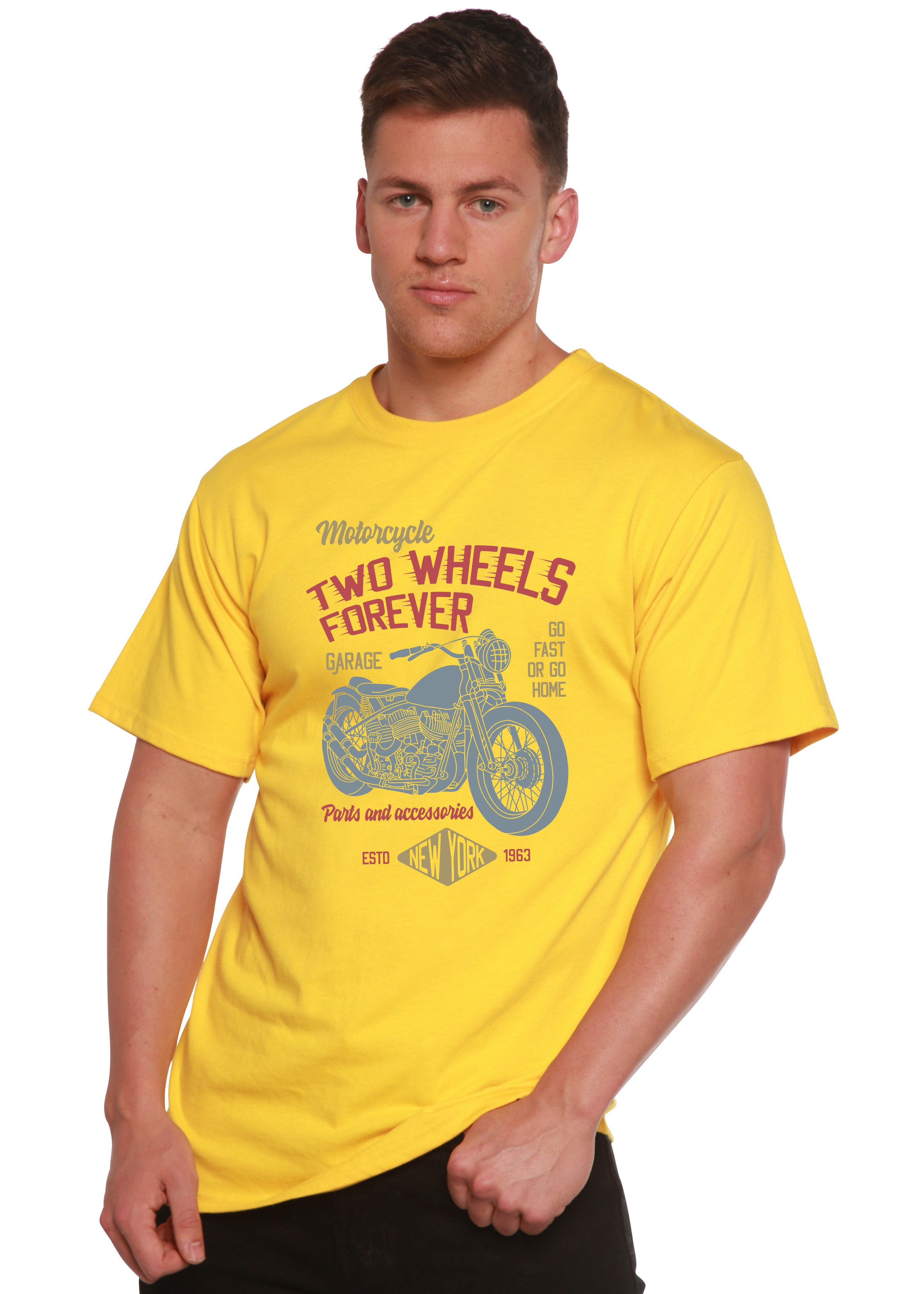 Camiseta gráfica de manga corta de viscosa de bambú/algodón orgánico "Two Wheels Forever" para hombre