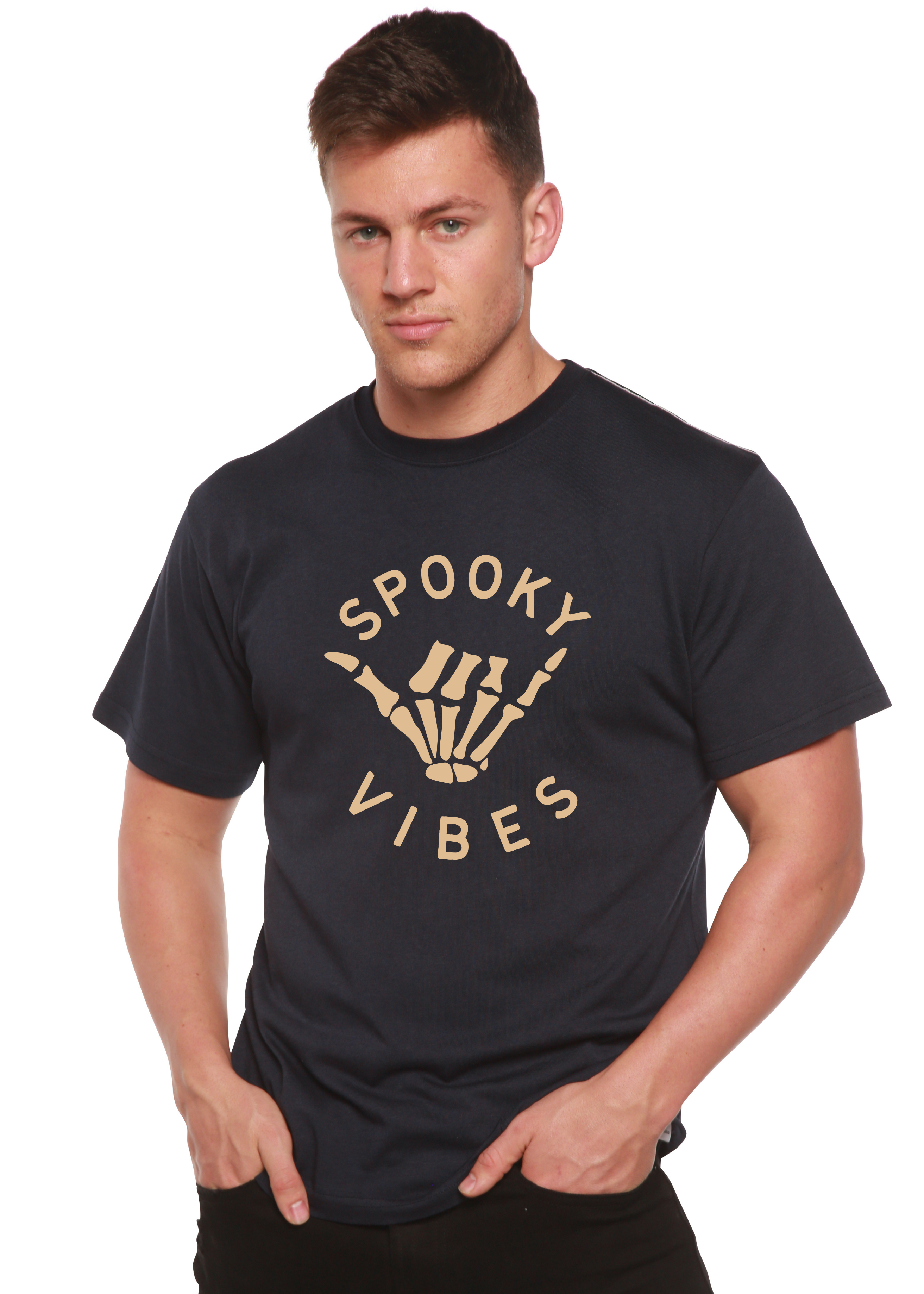 Camiseta gráfica de manga corta para hombre con vibra espeluznante de bambú viscosa/algodón orgánico