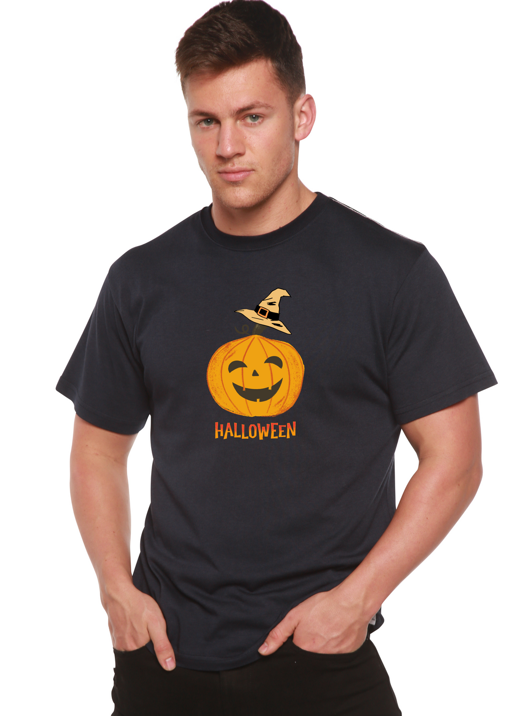 Camiseta gráfica de manga corta de viscosa de bambú/algodón orgánico unisex con calabaza de Halloween