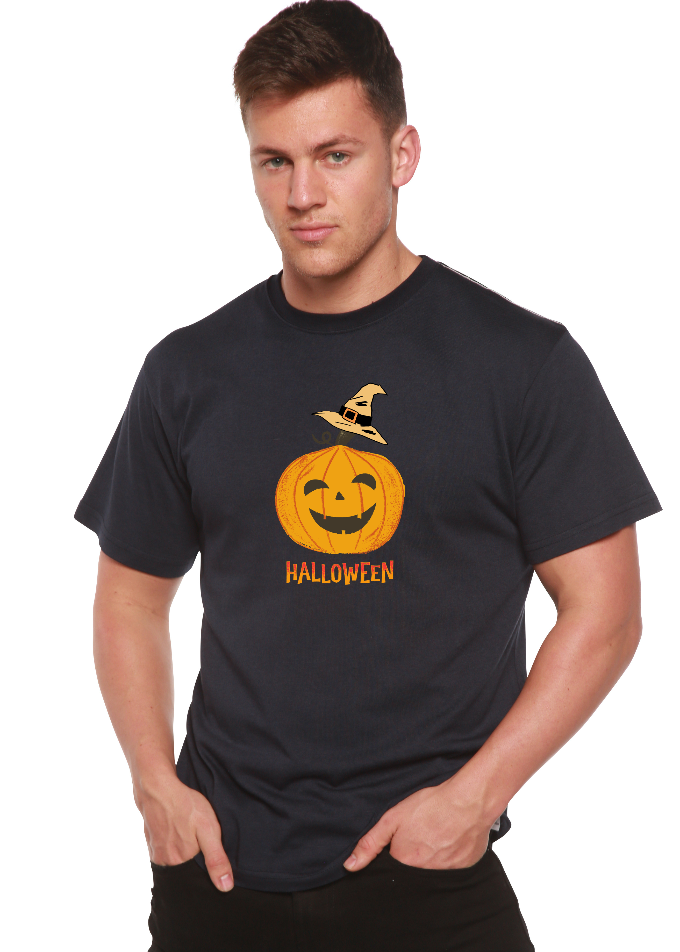 Camiseta gráfica de manga corta de viscosa de bambú/algodón orgánico unisex con calabaza de Halloween