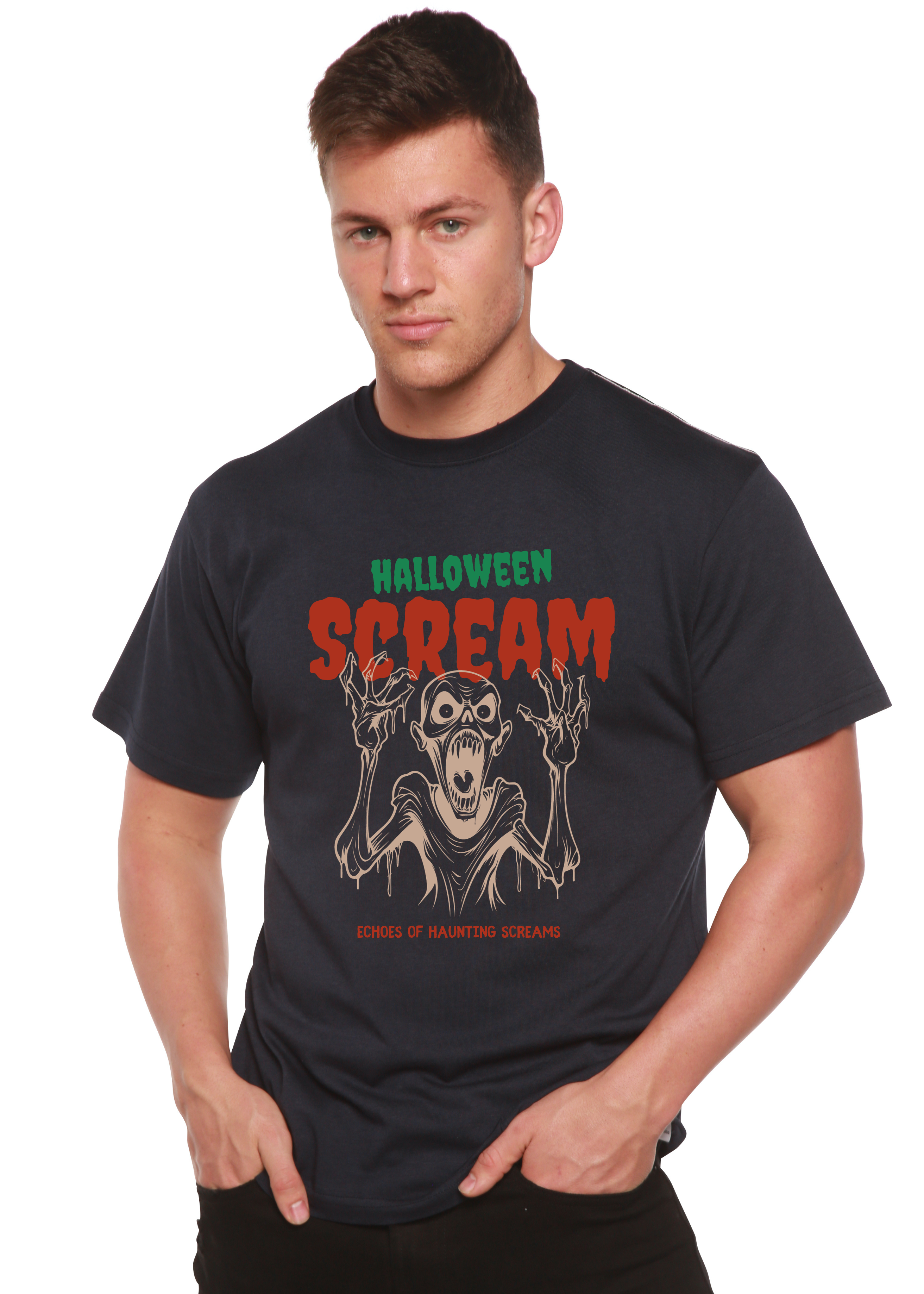 Camiseta gráfica de manga corta de viscosa de bambú y algodón orgánico para hombre Halloween Scream