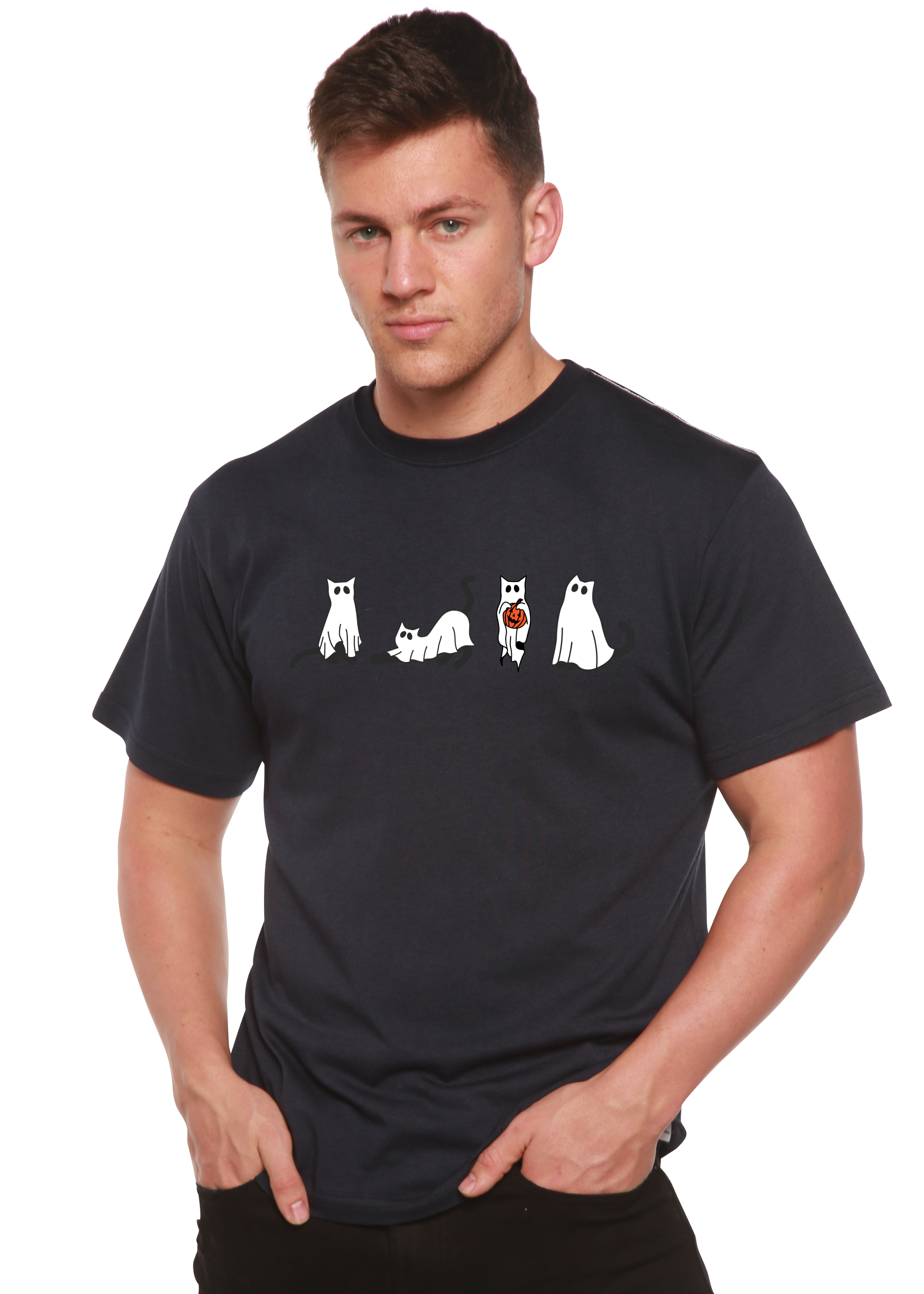 Camiseta gráfica de manga corta de viscosa de bambú/algodón orgánico para hombre con gatos de Halloween