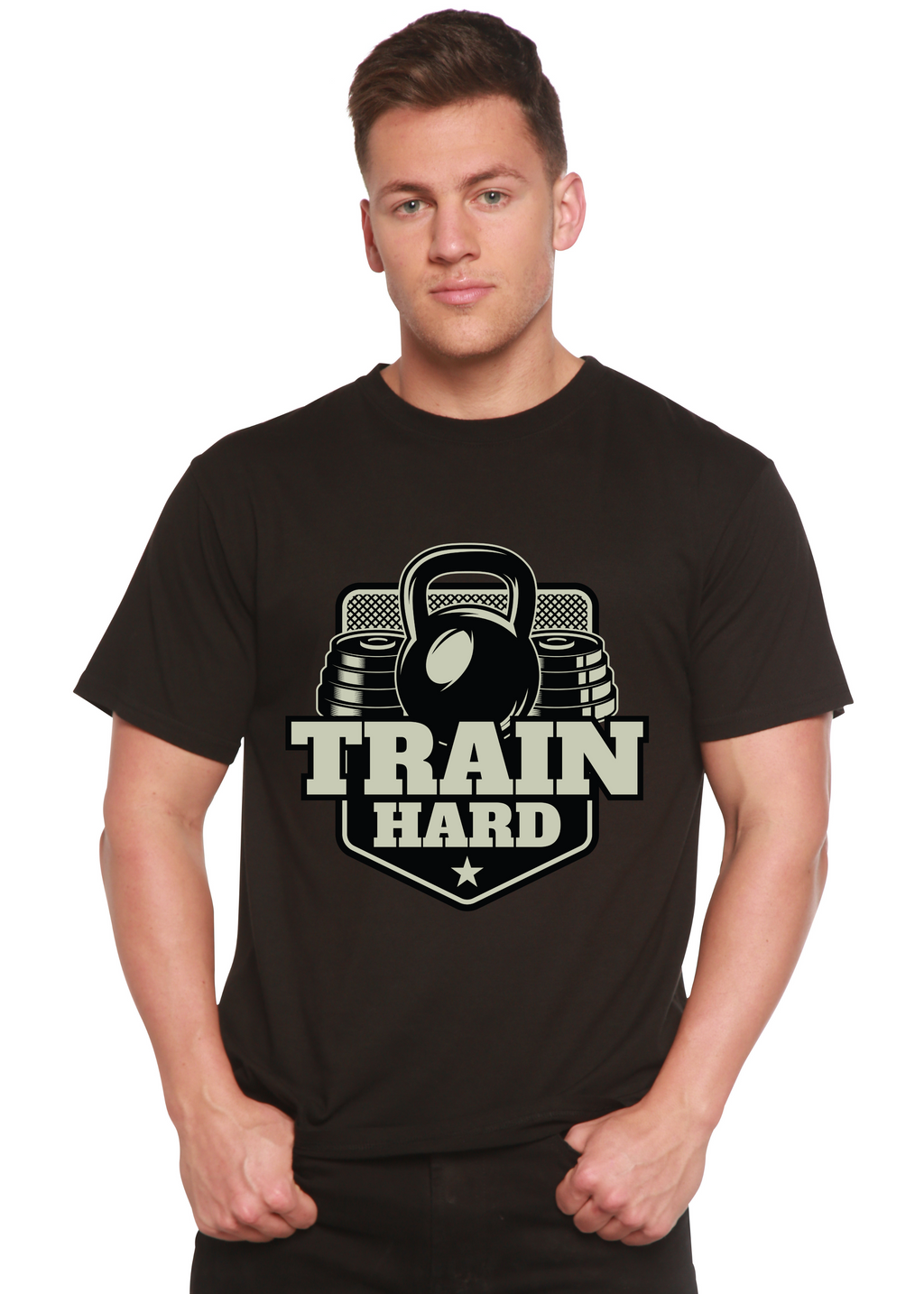 Camiseta gráfica de manga corta de bambú-viscosa/algodón orgánico para hombre "Entrena duro"