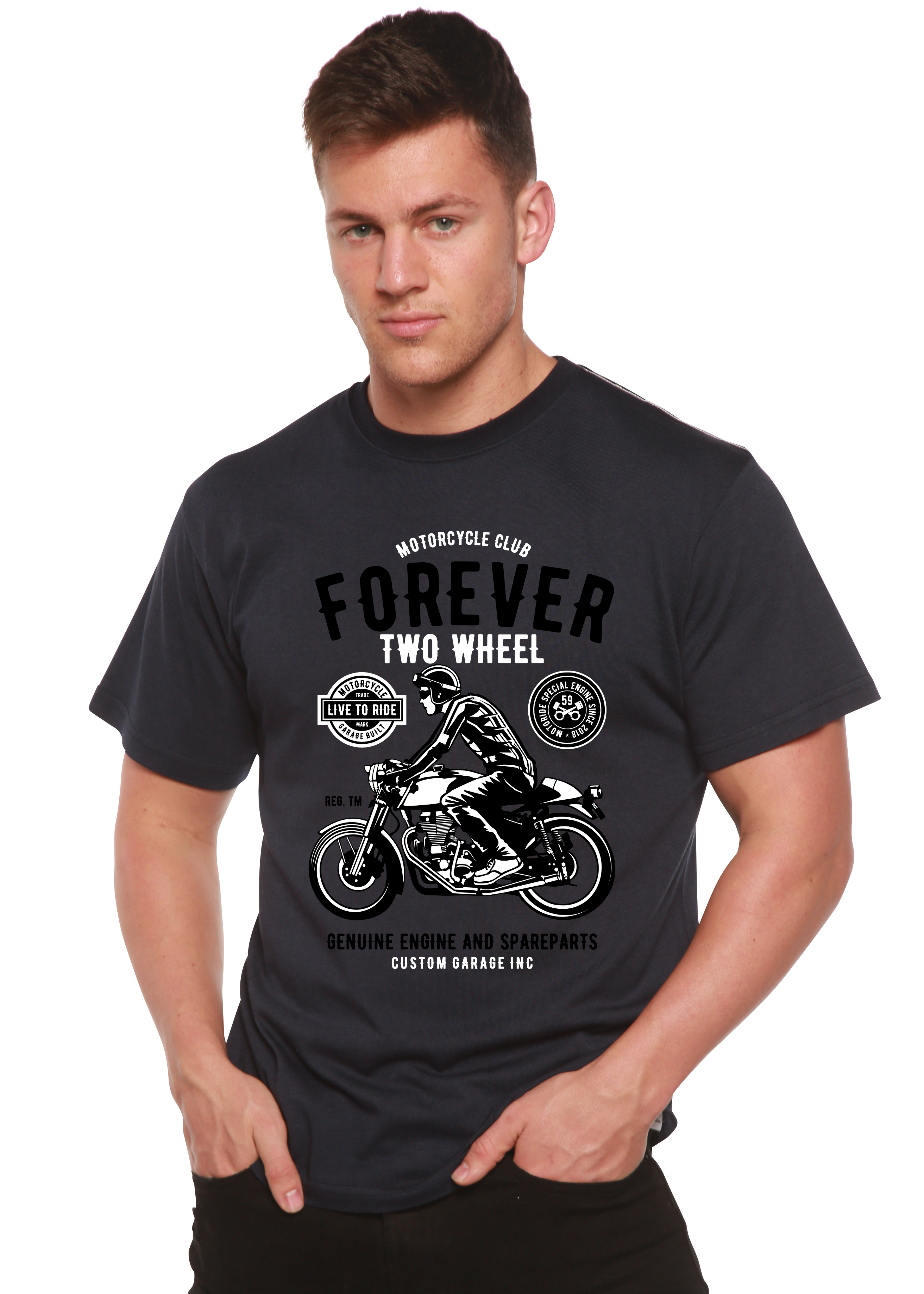 Camiseta gráfica de manga corta de viscosa de bambú/algodón orgánico Forever Two Wheel para hombre