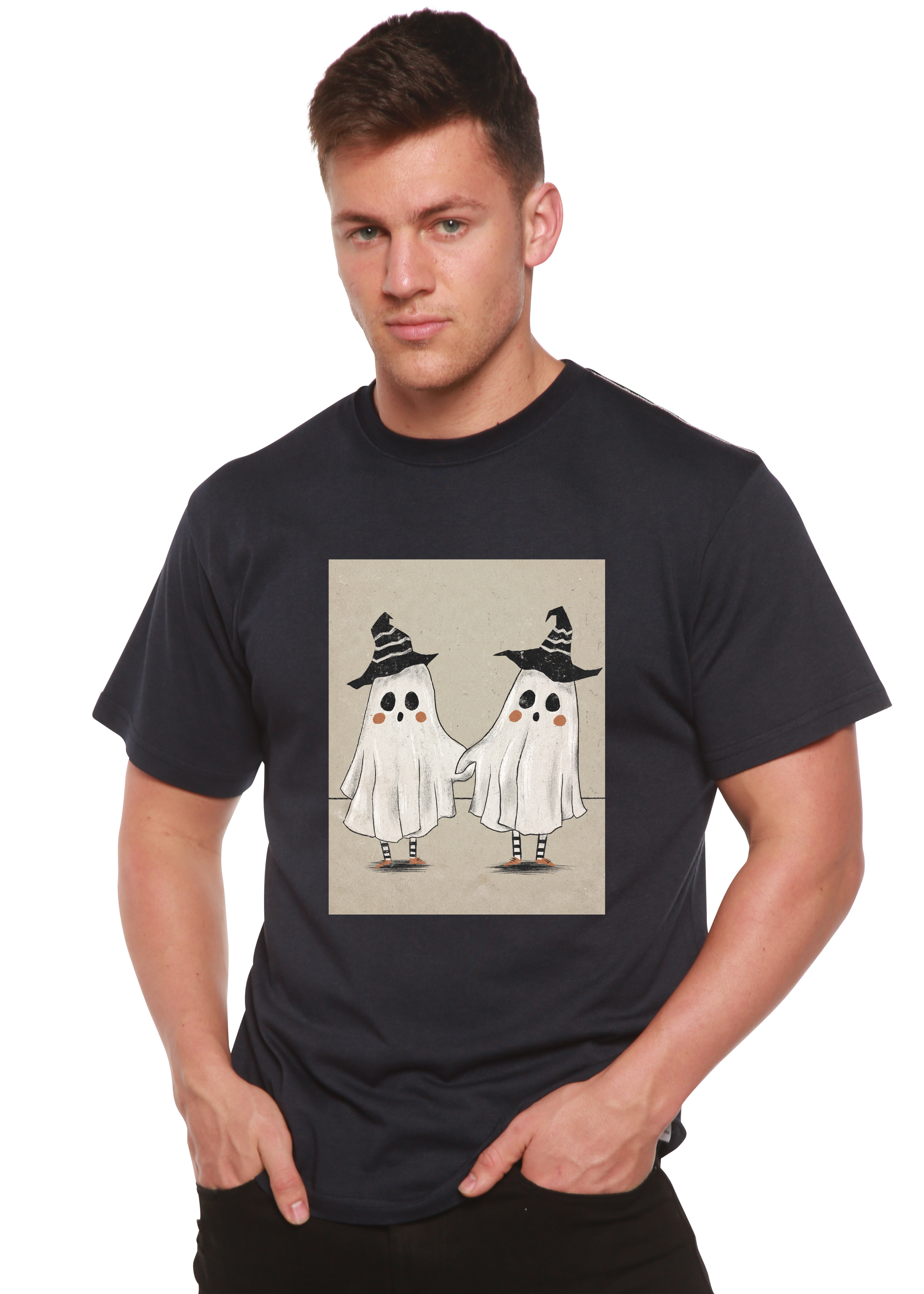 Camiseta gráfica de manga corta para hombre con diseño de fantasma de viscosa de bambú/algodón orgánico