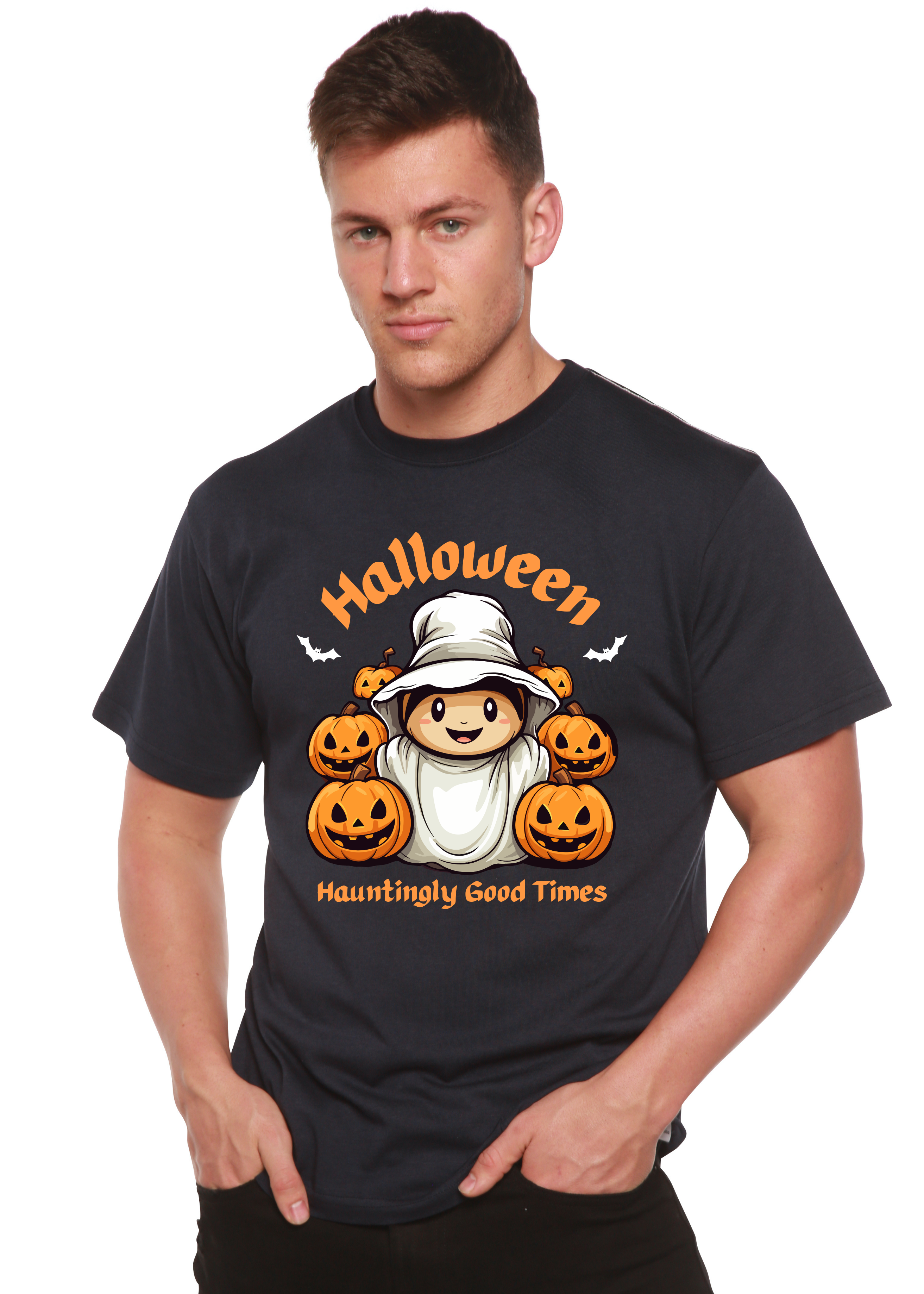 Camiseta gráfica de manga corta de bambú/algodón orgánico para hombre "Halloween Hauntingly Good Times Day"