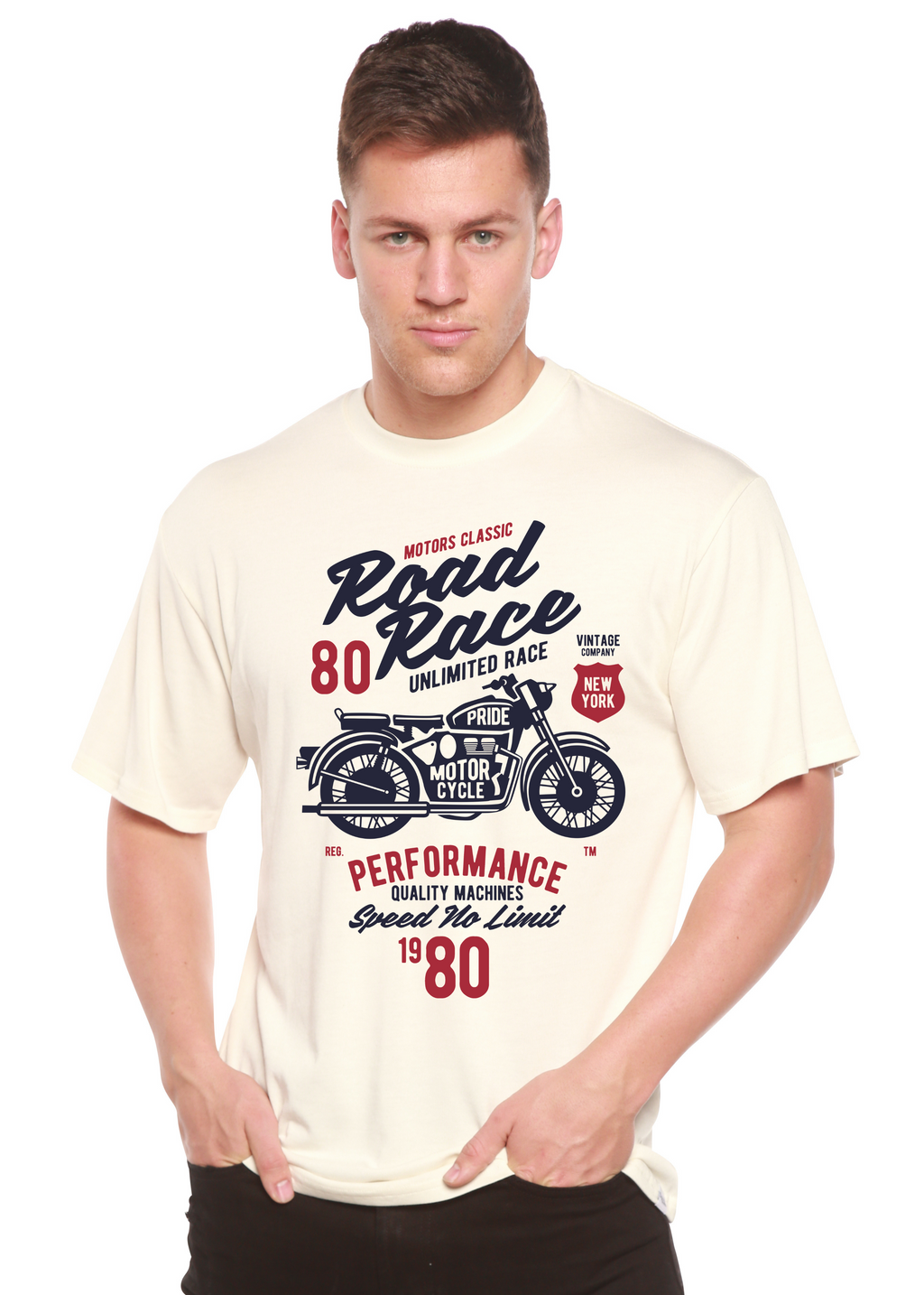 Camiseta gráfica de manga corta Spun Bamboo® de viscosa de bambú/algodón orgánico para hombre con motos de carrera