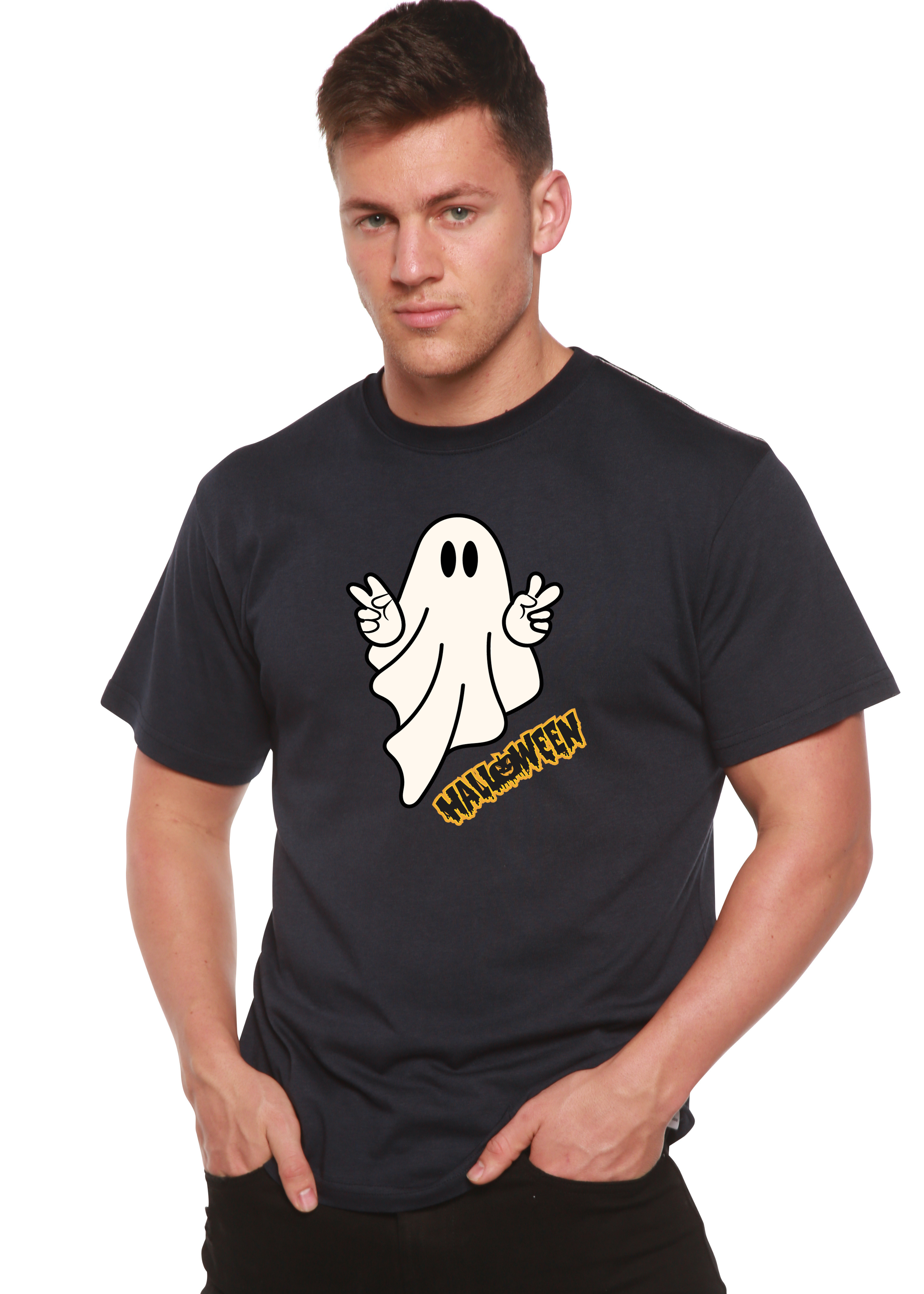 Camiseta gráfica de manga corta unisex Halloween Ghost de viscosa de bambú/algodón orgánico