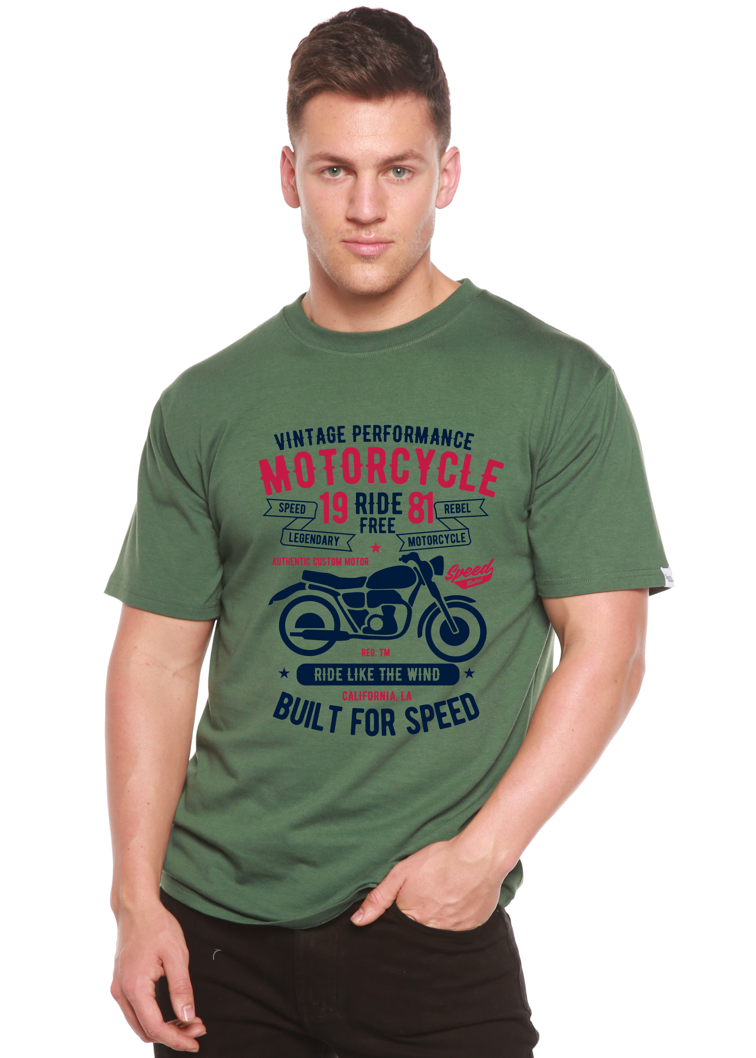Camiseta gráfica de manga corta de bambú/algodón orgánico para hombre "Motociclista Libertad"
