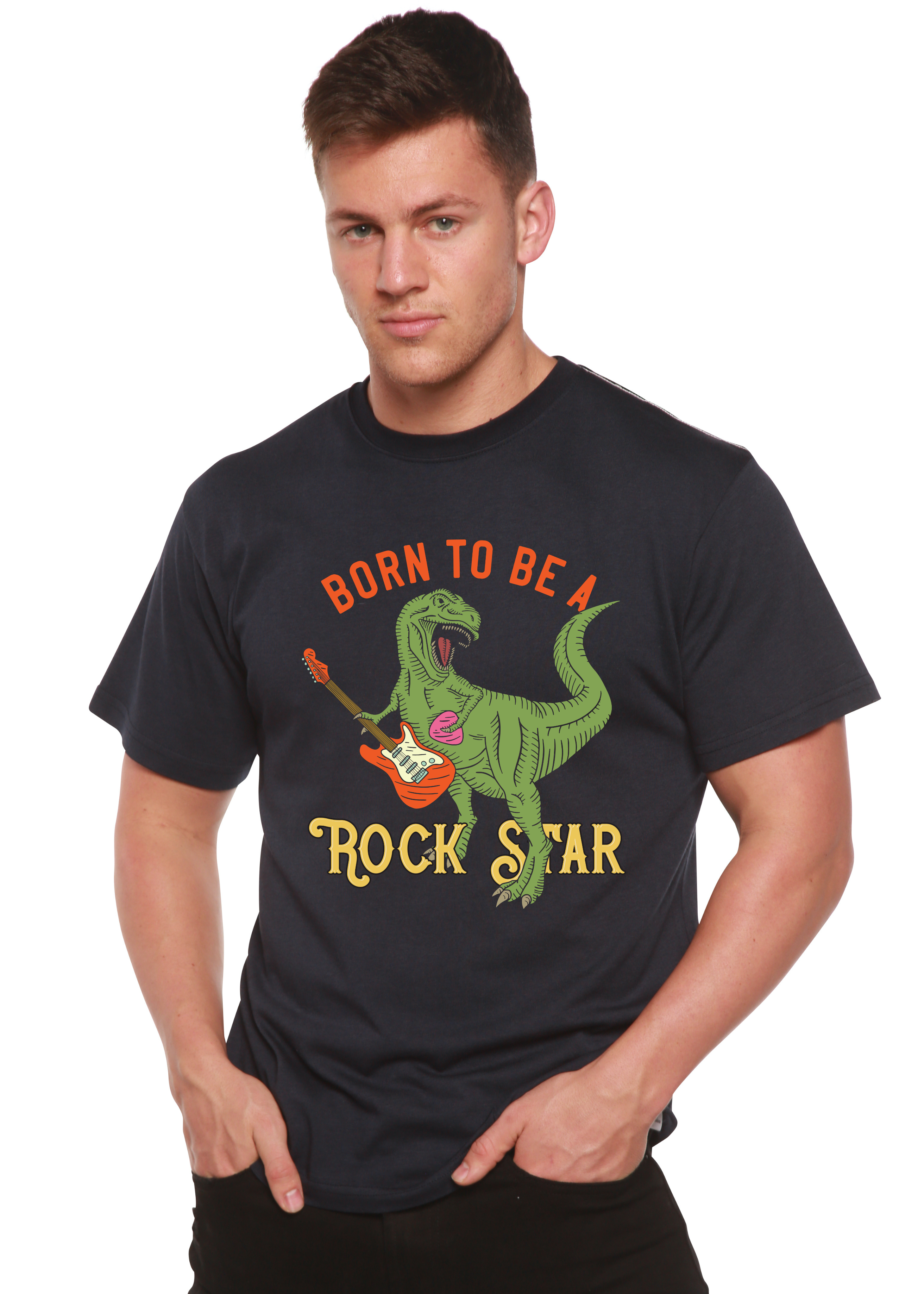 Camiseta gráfica de manga corta de bambú viscosa/algodón orgánico para hombre "Born To Be A Rock Star"