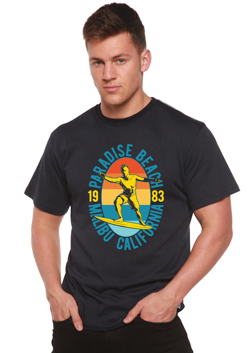 Camiseta gráfica de manga corta de bambú/algodón orgánico Paradise Beach 1983 para hombre