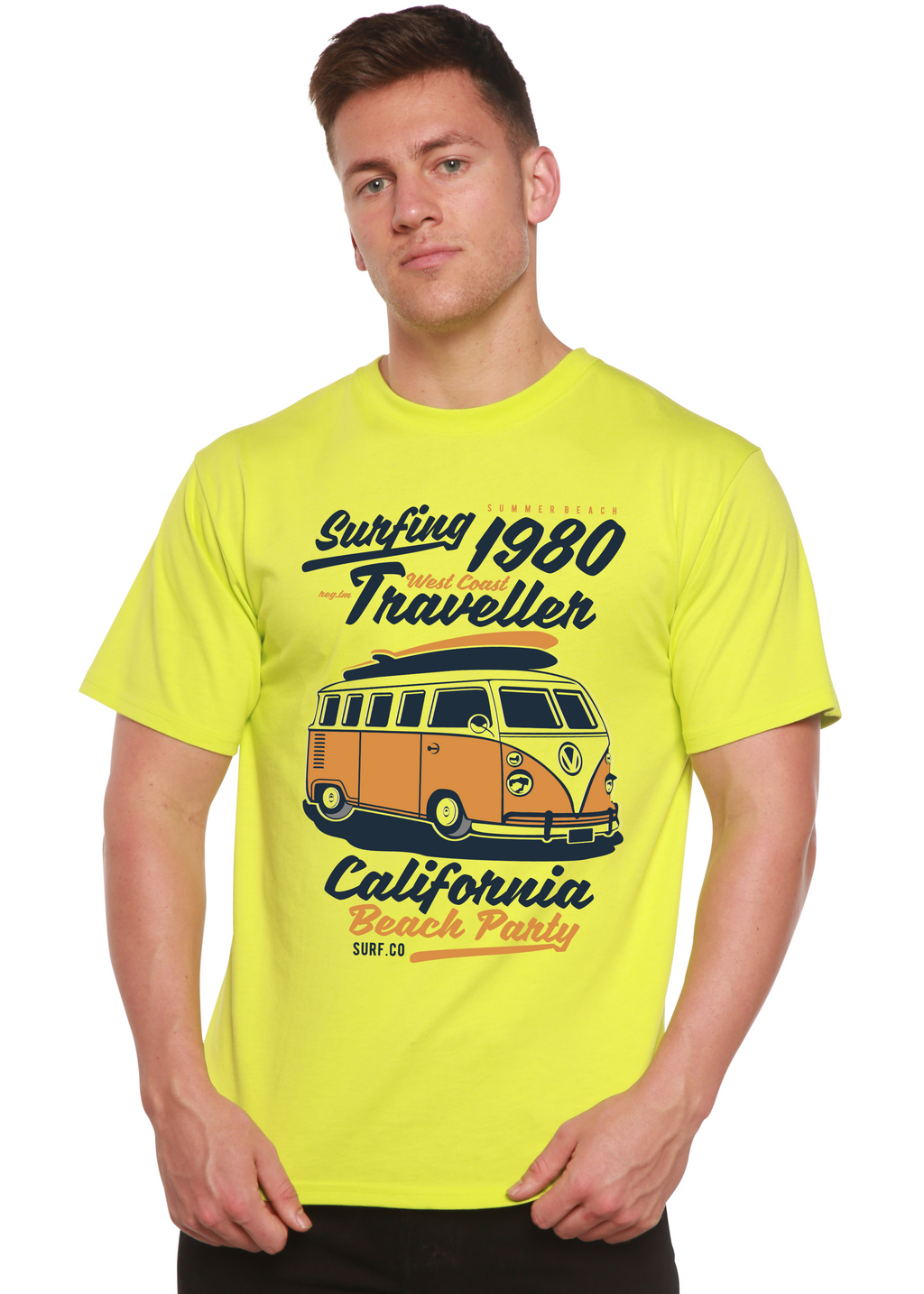 Camiseta gráfica de manga corta de viscosa de bambú/algodón orgánico para hombre Spun Bamboo® "Surfing 1980"