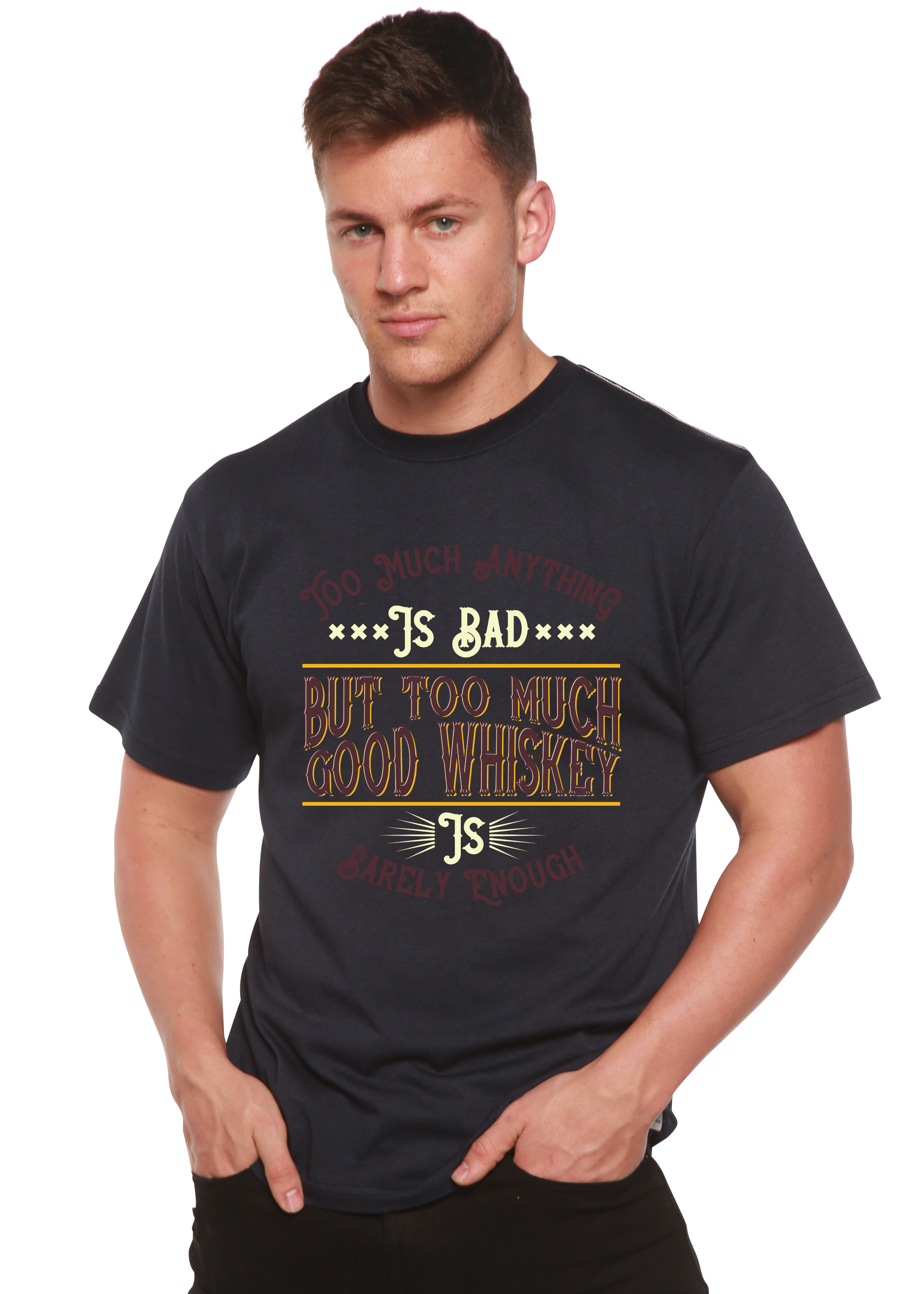 Camiseta gráfica de manga corta para hombre "But Too Much Good Whiskey" de bambú viscosa/algodón orgánico