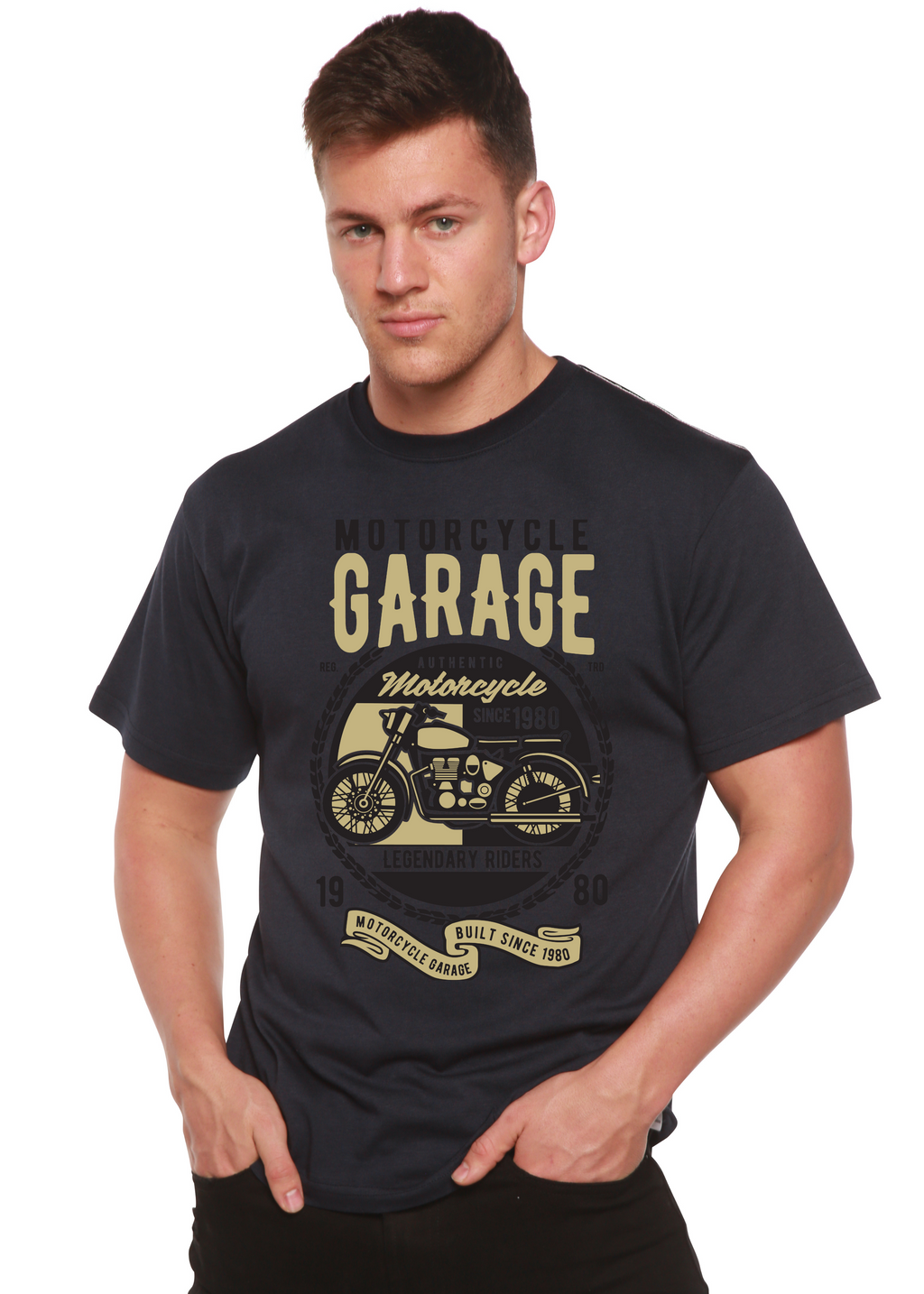Camiseta gráfica de manga corta de viscosa de bambú y algodón orgánico para hombre "Motorcycle Garage"