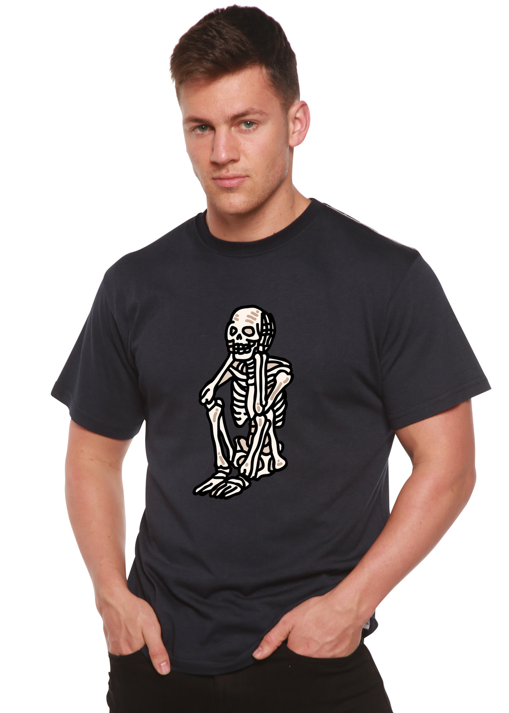 Camiseta gráfica de manga corta de bambú/algodón orgánico unisex de Halloween con esqueleto triste