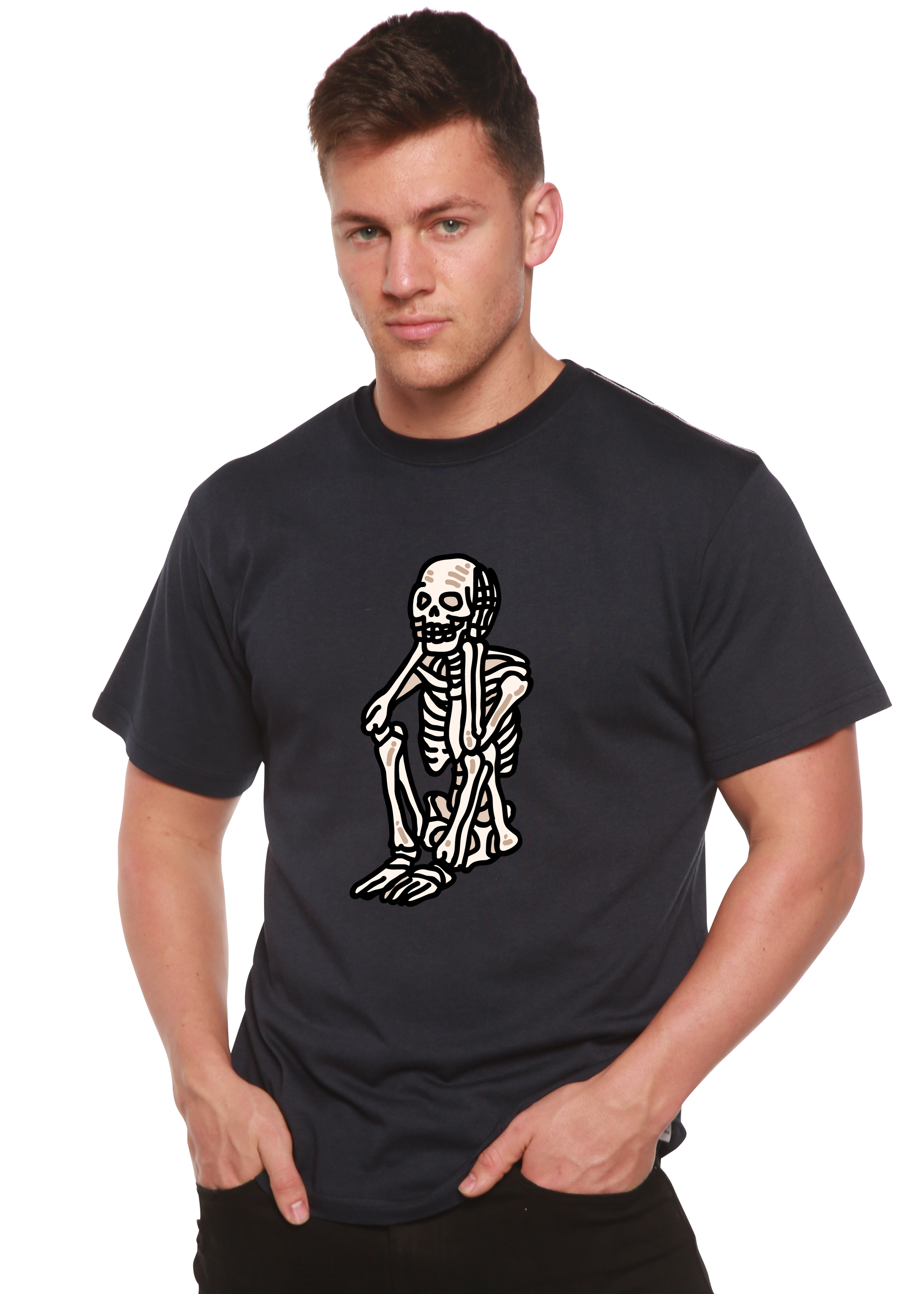 Camiseta gráfica de manga corta de bambú/algodón orgánico unisex de Halloween con esqueleto triste