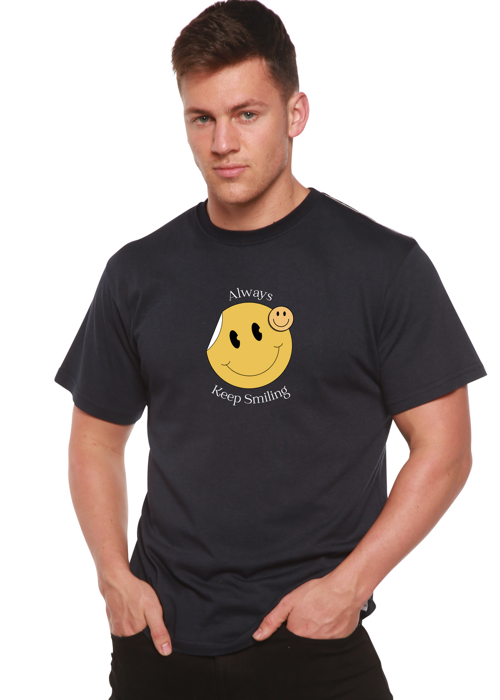 Camiseta gráfica de manga corta para hombre "Always Keep Smiling" de bambú viscosa/algodón orgánico