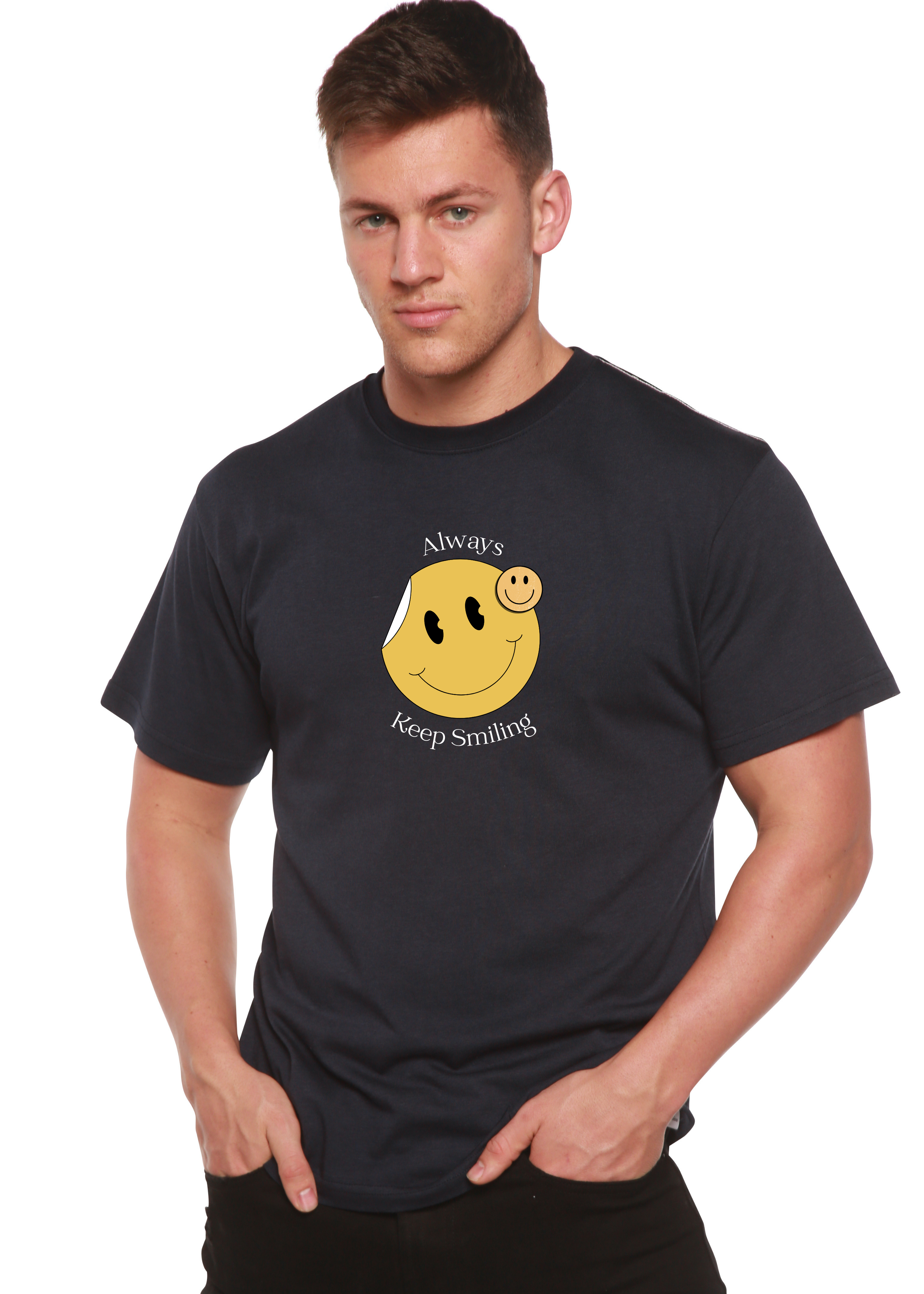 Camiseta gráfica de manga corta para hombre "Always Keep Smiling" de bambú viscosa/algodón orgánico