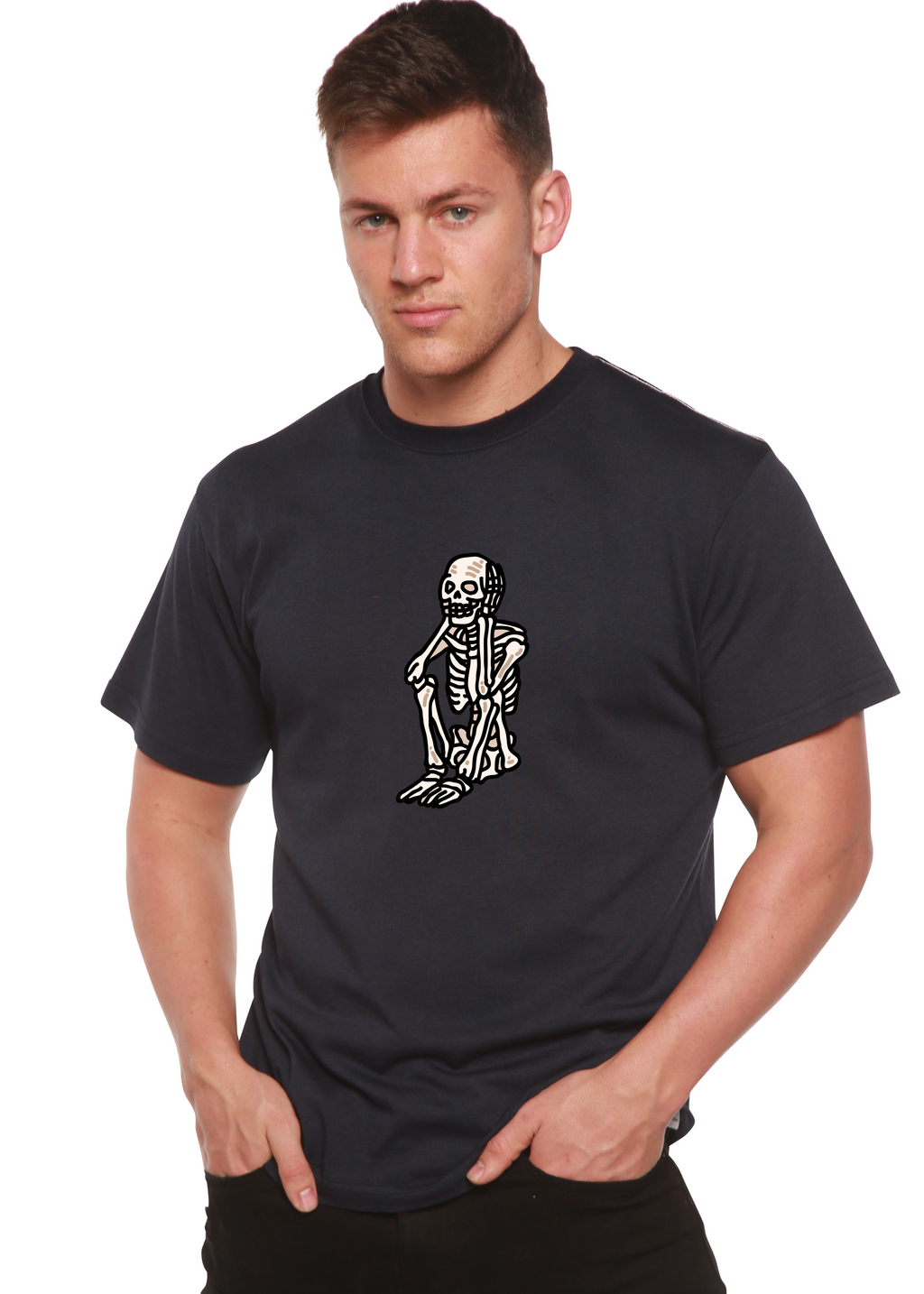 Camiseta gráfica de manga corta de bambú/algodón orgánico unisex de Halloween con esqueleto triste