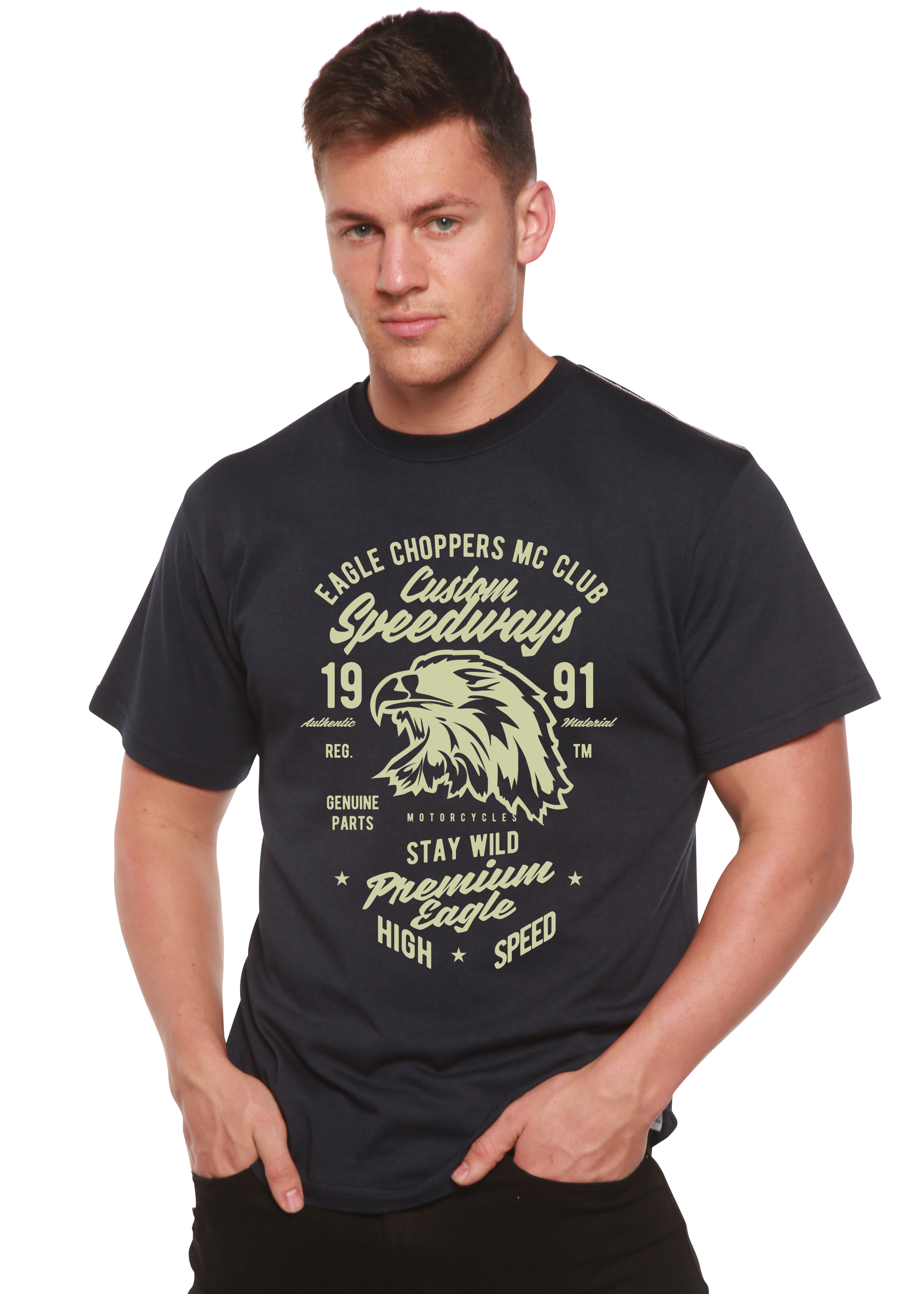 Camiseta de manga corta con gráfico Custom Speedways Premium Eagle de viscosa de bambú y algodón orgánico para hombre