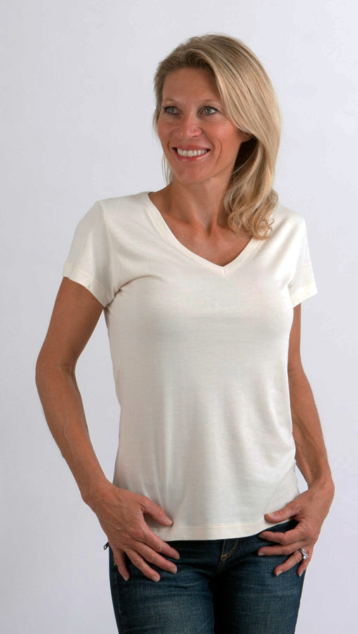 Liquidación Camiseta de bambú con cuello en V y manga corta para mujer
