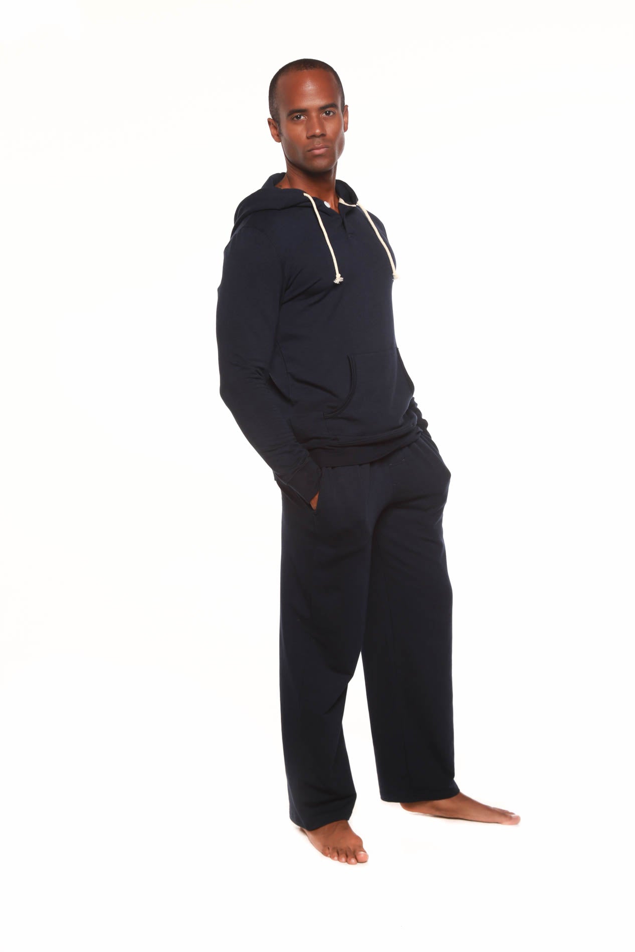 Sudadera con capucha de felpa de bambú y viscosa estilo Henley para hombre + pantalones de salón de felpa