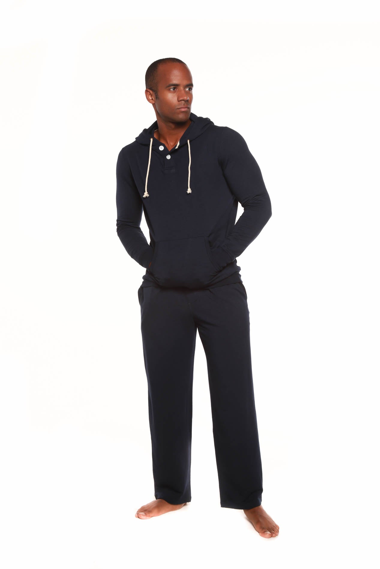 Sudadera con capucha de felpa de bambú y viscosa estilo Henley para hombre + pantalones de salón de felpa