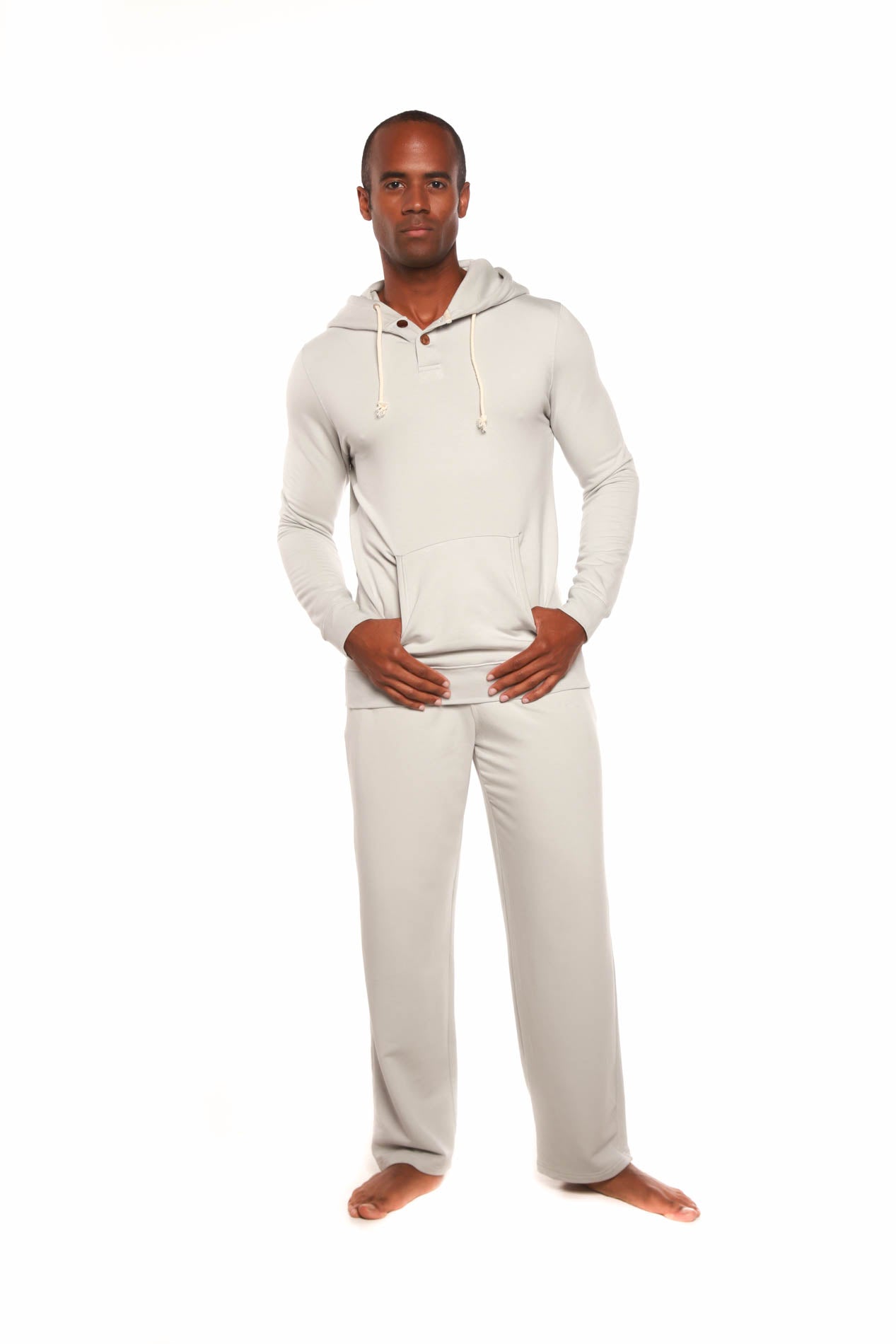 Sudadera con capucha de felpa de bambú y viscosa estilo Henley para hombre + pantalones de salón de felpa