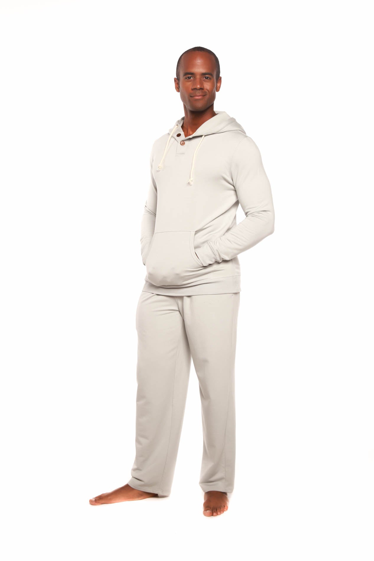Sudadera con capucha de felpa de bambú y viscosa estilo Henley para hombre + pantalones de salón de felpa