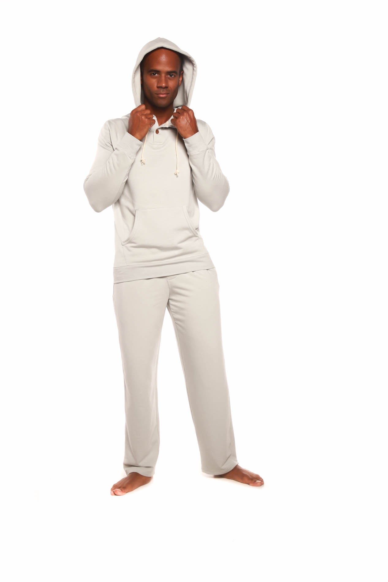 Sudadera con capucha de felpa de bambú y viscosa estilo Henley para hombre + pantalones de salón de felpa