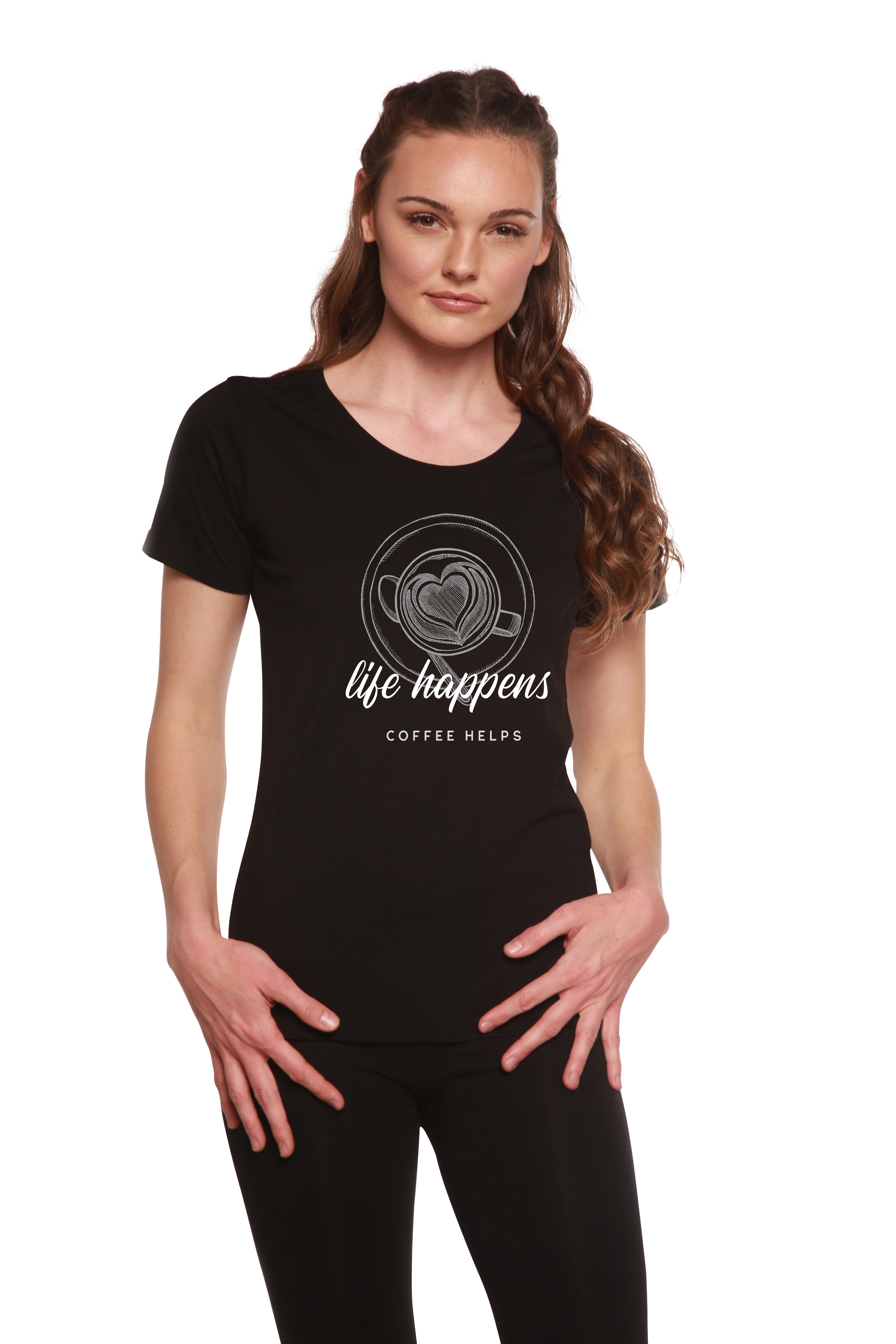 Camiseta estampada de bambú y algodón de manga corta y cuello redondo para mujer con la frase "Life Happens"