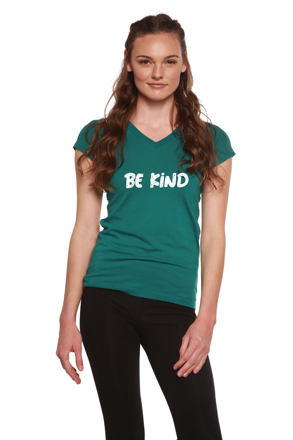 Camiseta de manga corta con cuello en V de bambú/algodón con estampado "Be Kind" para mujer
